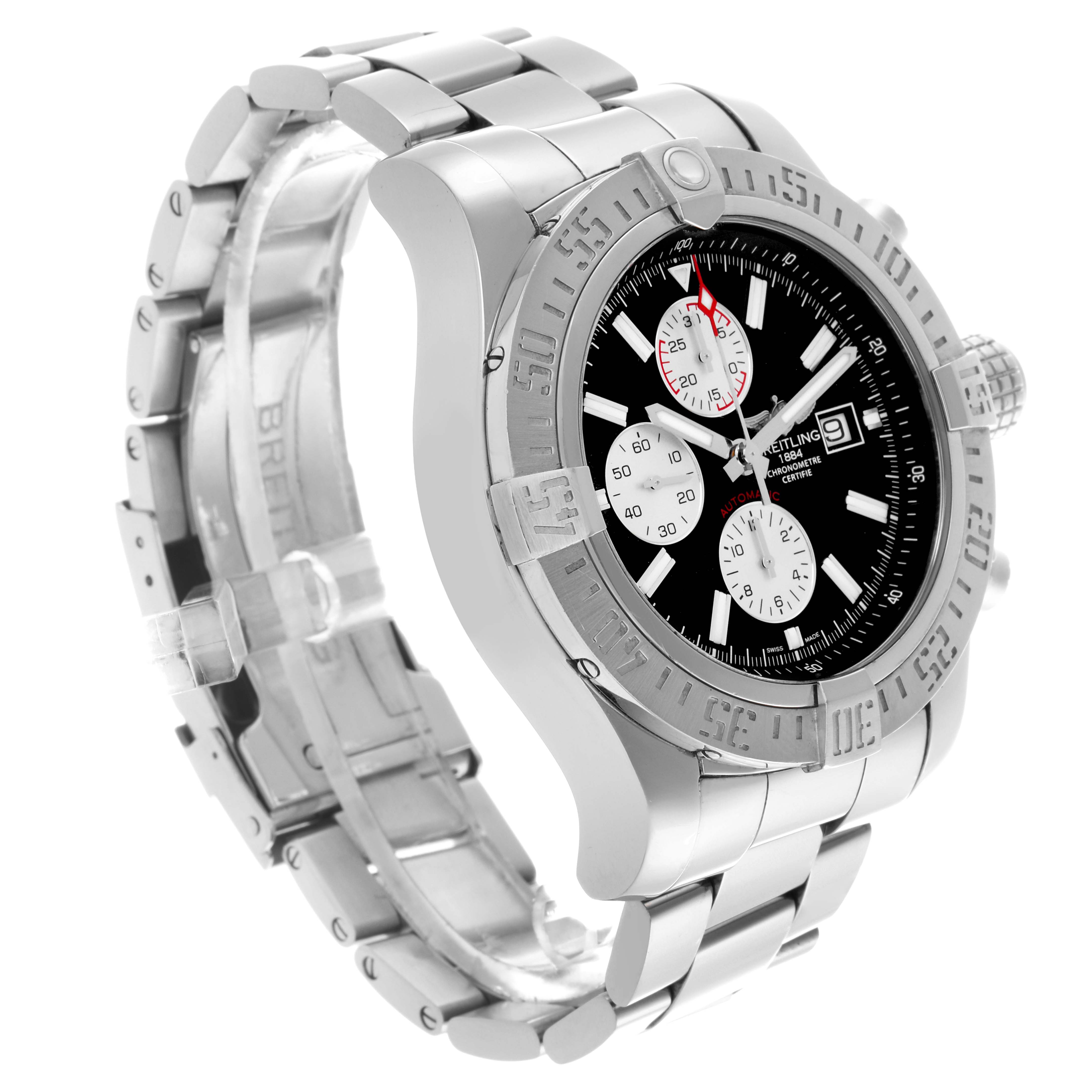 The Breitling Avenger A13371111B1A1 Men's Stainless Steel Black Dial A13371111B1A1 Men's Stainless Steel Black Dial watch is angled to show the side and face, highlighting the bezel, dial, and bracelet.