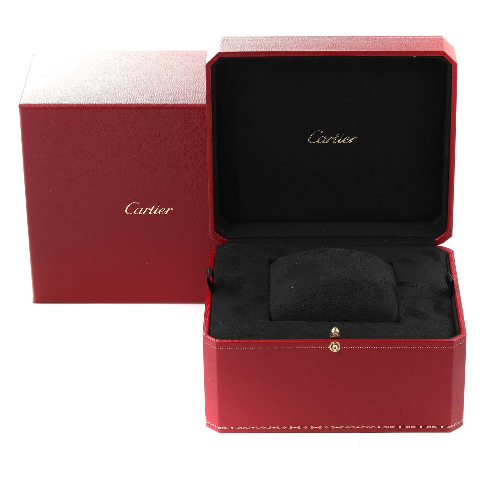 The image shows an open red Cartier box with a black interior, likely for the Ballon Bleu model watch.
