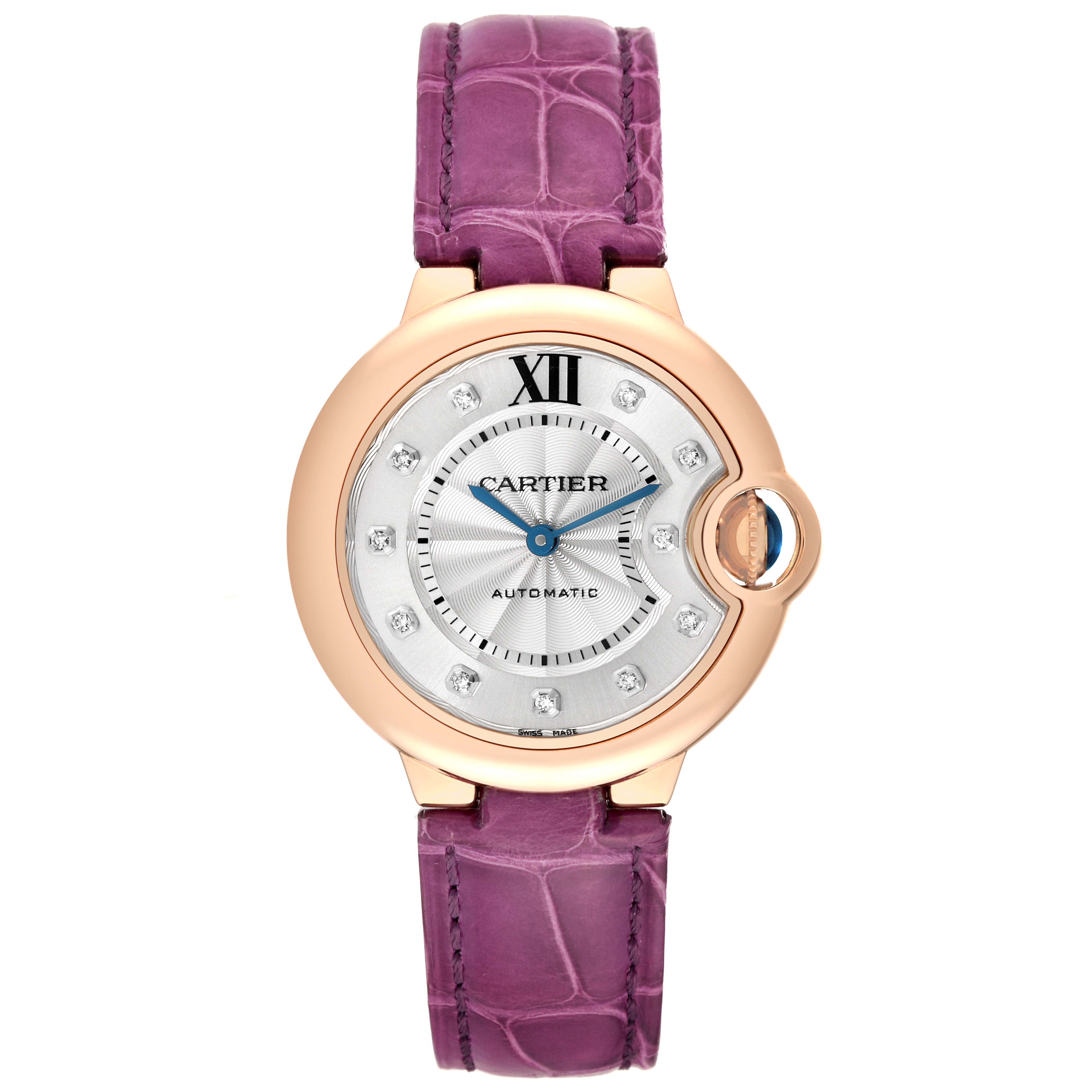 This is a top-down view of the Cartier Ballon Bleu WE902063 Women
s Rose Gold Silver Dial WE902063 Women
s Rose Gold Silver Dial watch, showing its face, dial, case, and strap.