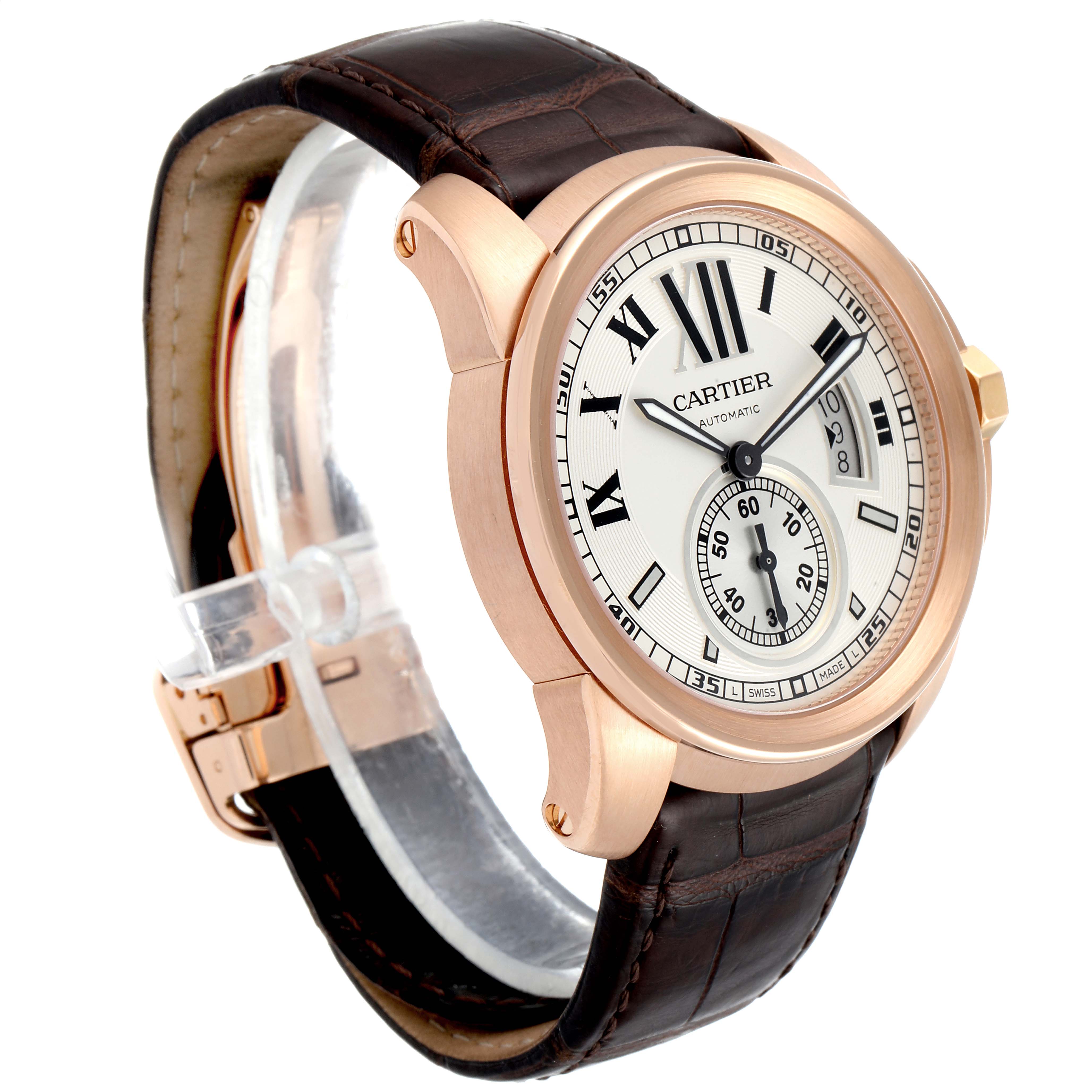 The image shows a side angle of the Calibre de Cartier watch by Cartier, highlighting the face, case, and leather strap.