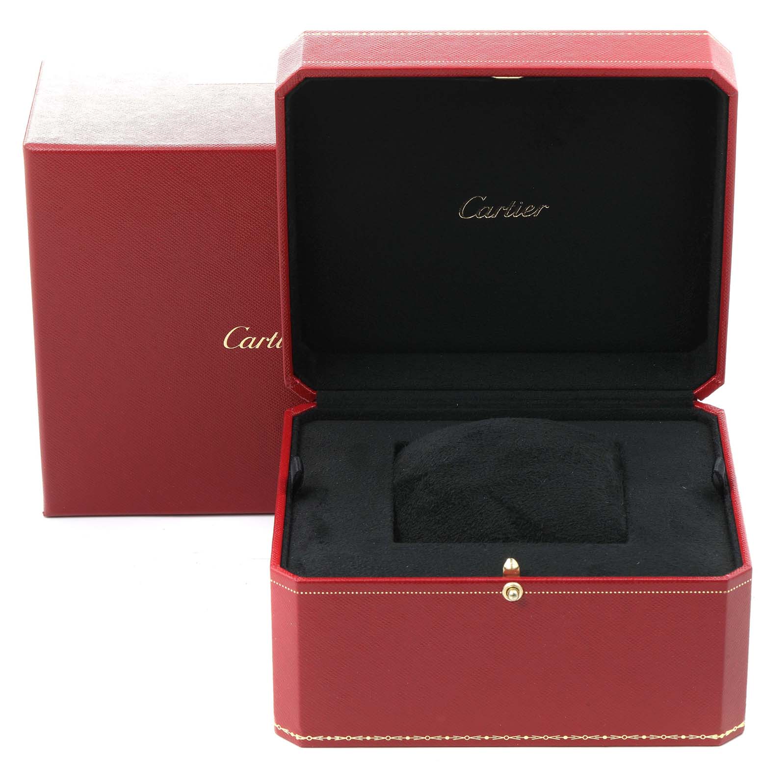 The image shows an open Cartier watch box and its outer box for the Calibre de Cartier model.