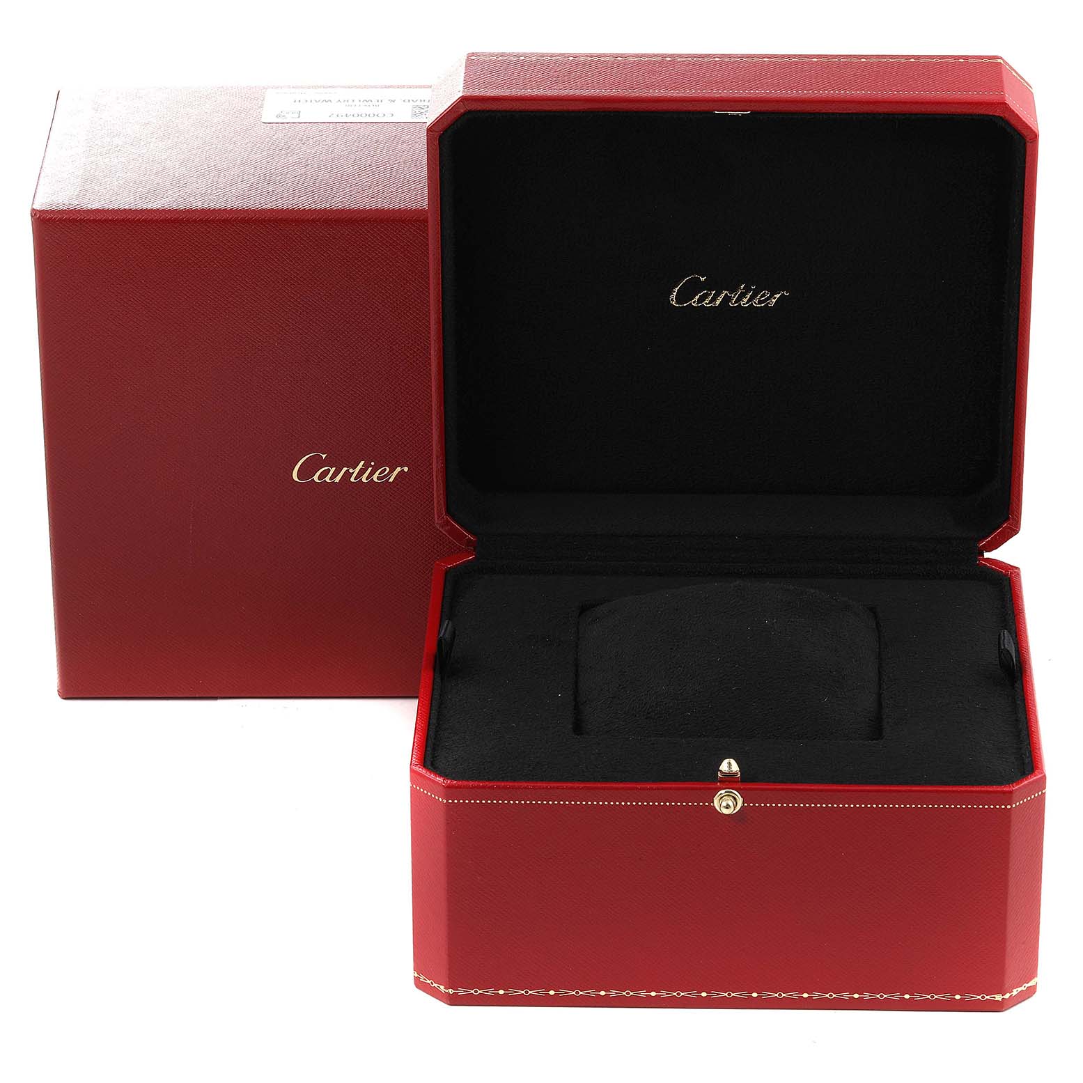 The image shows an open Cartier box and an outer red box for the Calibre de Cartier model watch.