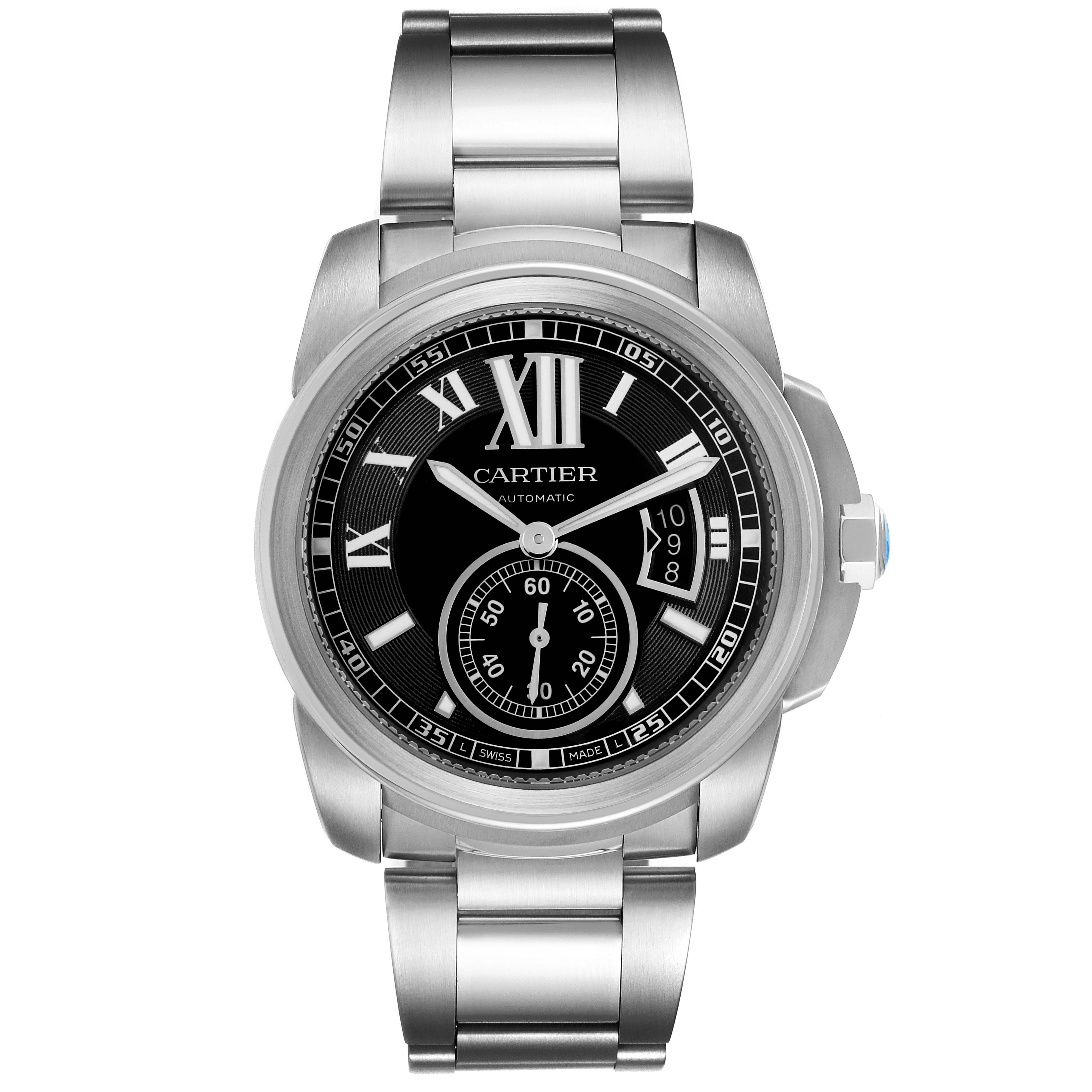 This image shows a front view of the Calibre de Cartier watch by Cartier, featuring the dial, case, and bracelet.