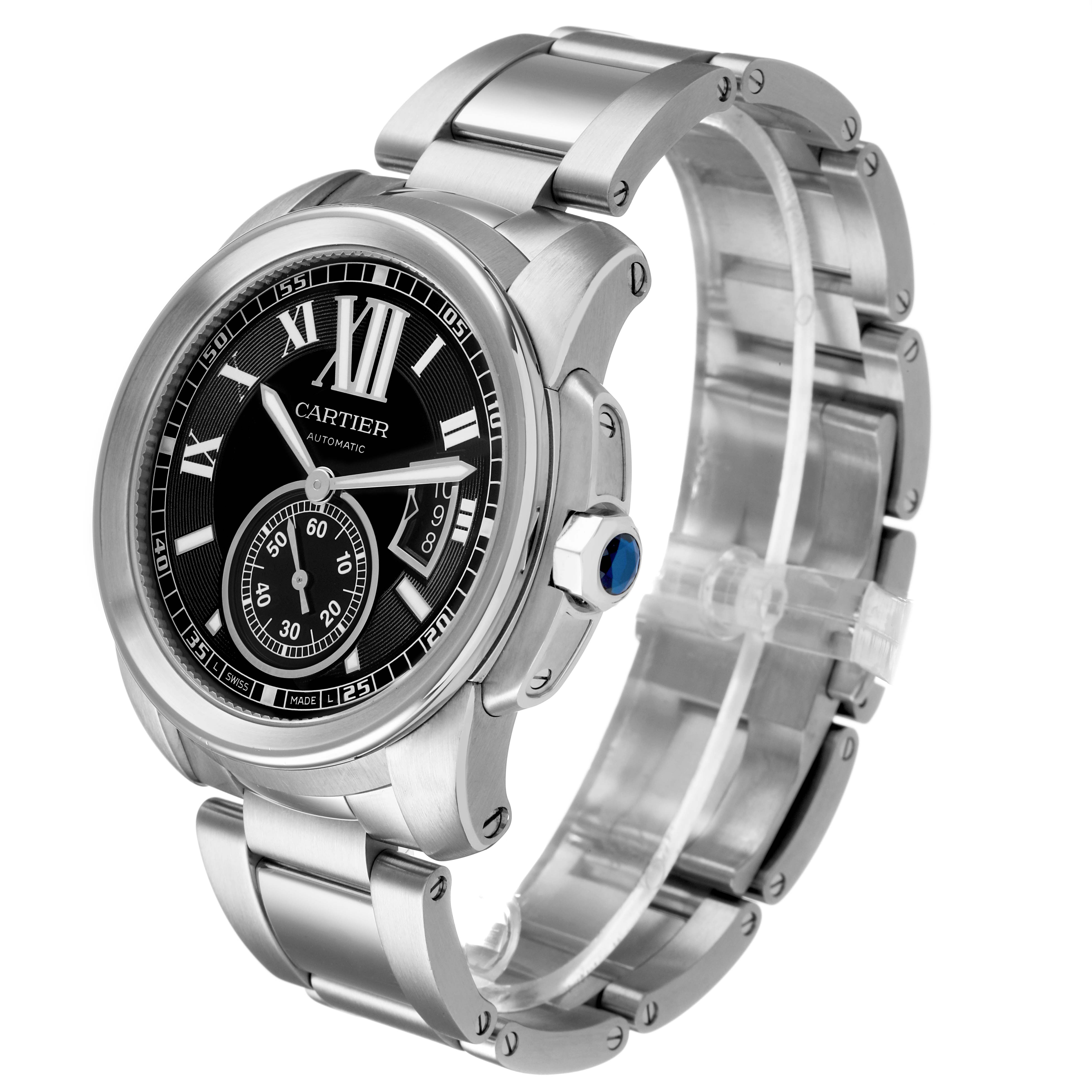 The image shows a side-angle view of the Calibre de Cartier watch by Cartier, highlighting the dial, bracelet, and crown.