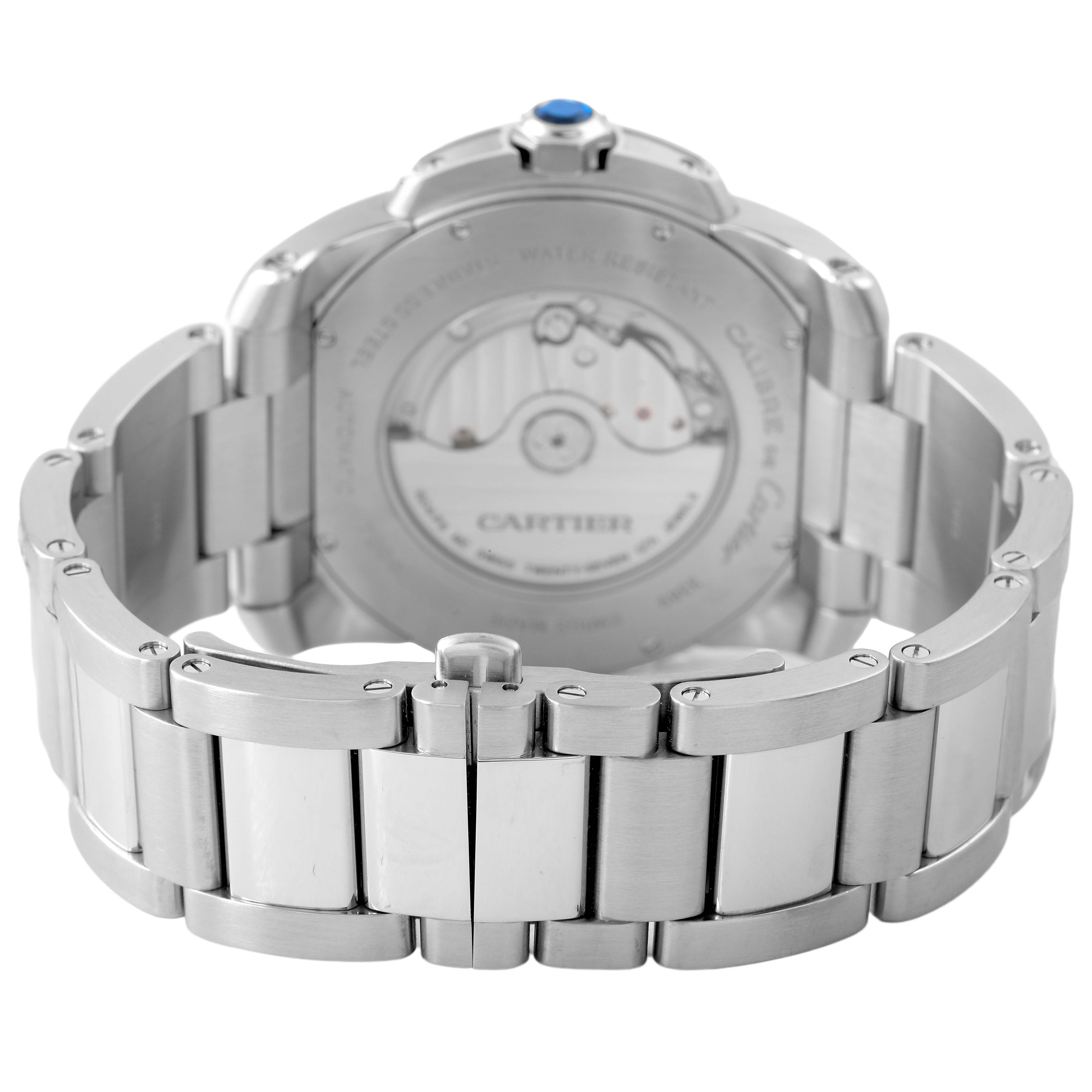 The image shows the back of the Calibre de Cartier watch, highlighting the bracelet and the transparent case back with visible movement.