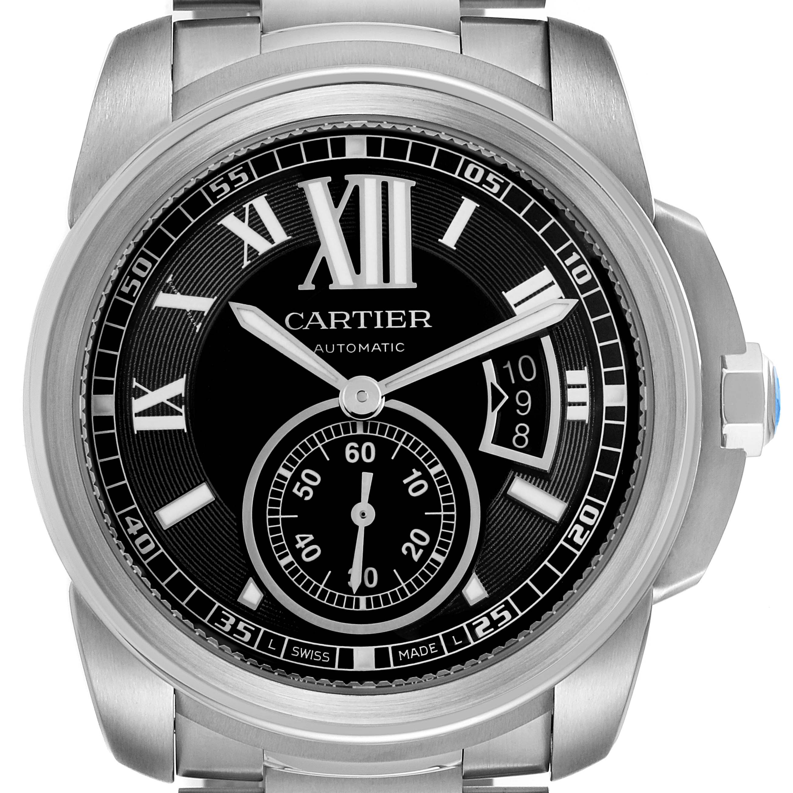 The image shows a front view of the Calibre de Cartier by Cartier, featuring its black dial, Roman numerals, and sub-dial.