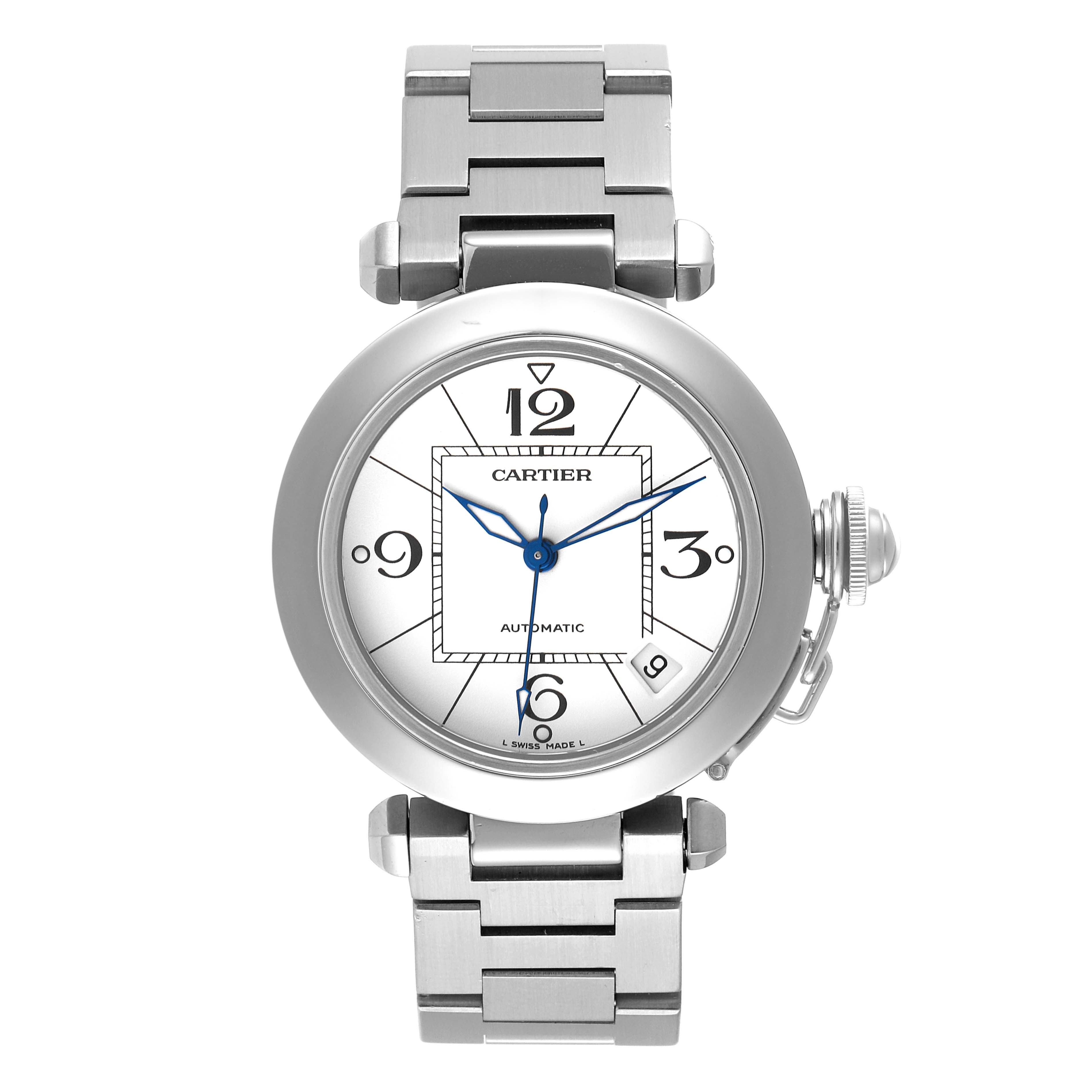 This is a head-on view of a Cartier Pasha W31074M7 Men's Stainless Steel White Dial W31074M7 Men's Stainless Steel White Dial watch showing the face, bezel, and part of the bracelet.
