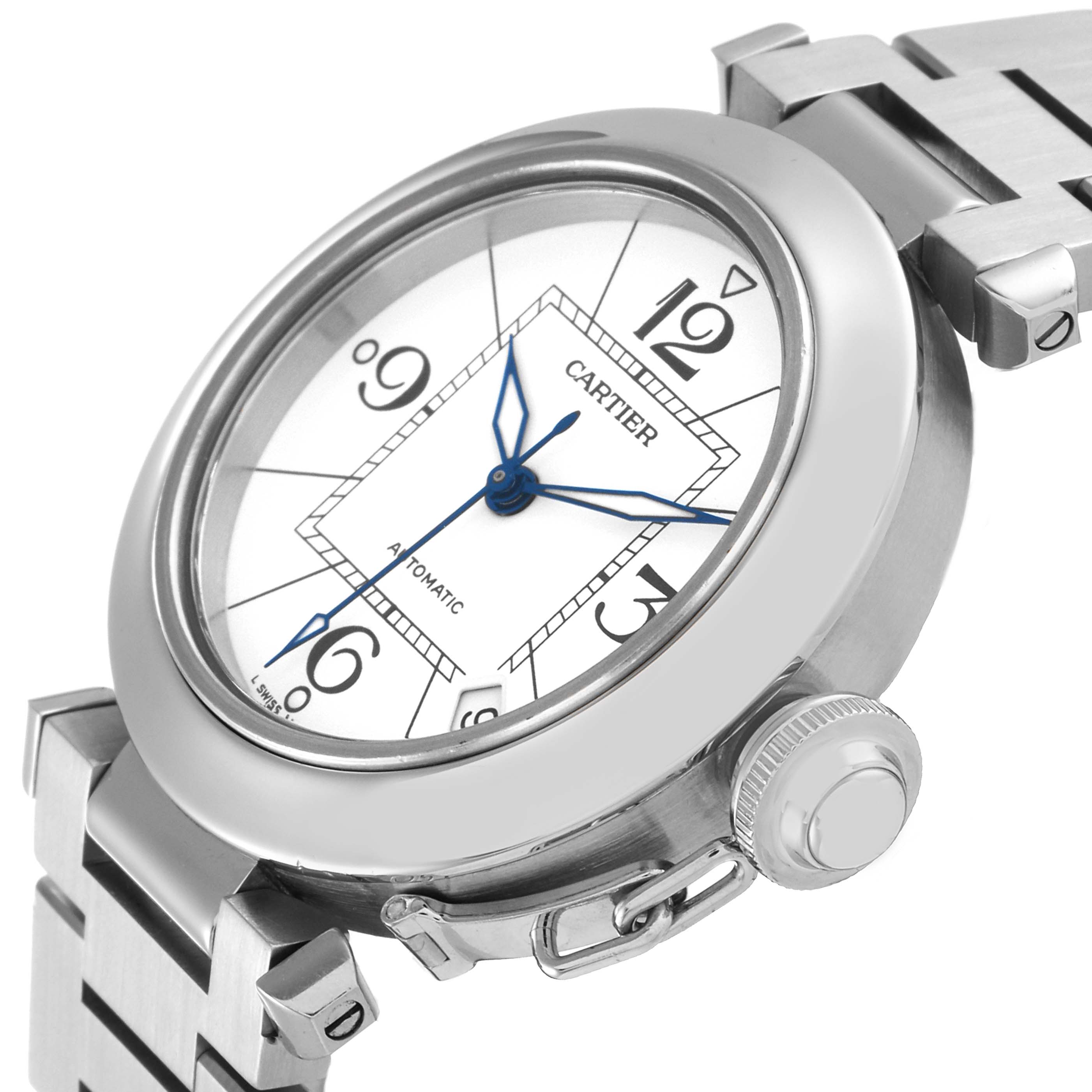 This close-up image shows the face, crown, and part of the metal bracelet of the Cartier Pasha W31074M7 Men's Stainless Steel White Dial W31074M7 Men's Stainless Steel White Dial watch.