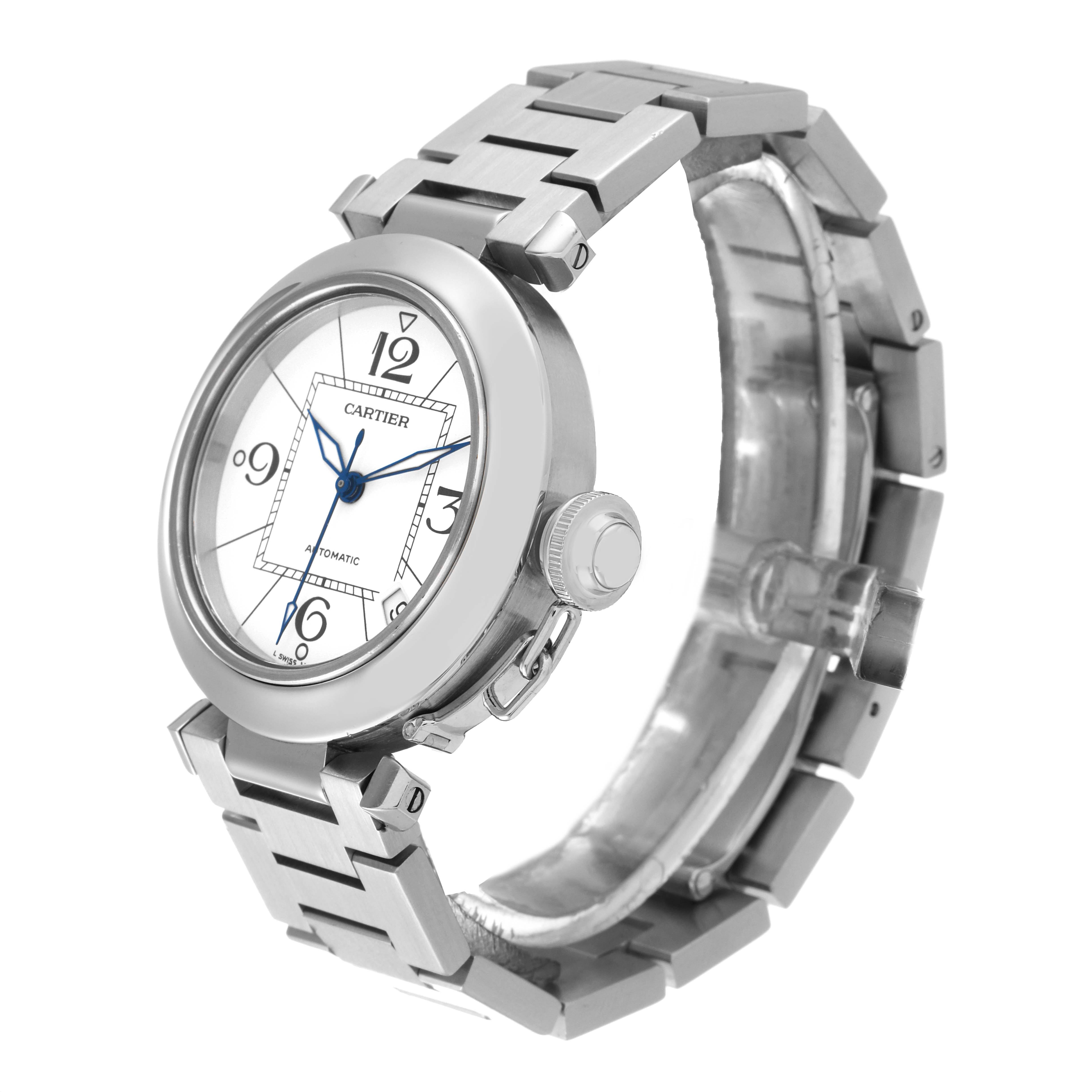 The image shows a Cartier Pasha W31074M7 Men's Stainless Steel White Dial W31074M7 Men's Stainless Steel White Dial watch from an angled top view, highlighting its face, crown, and stainless steel bracelet.