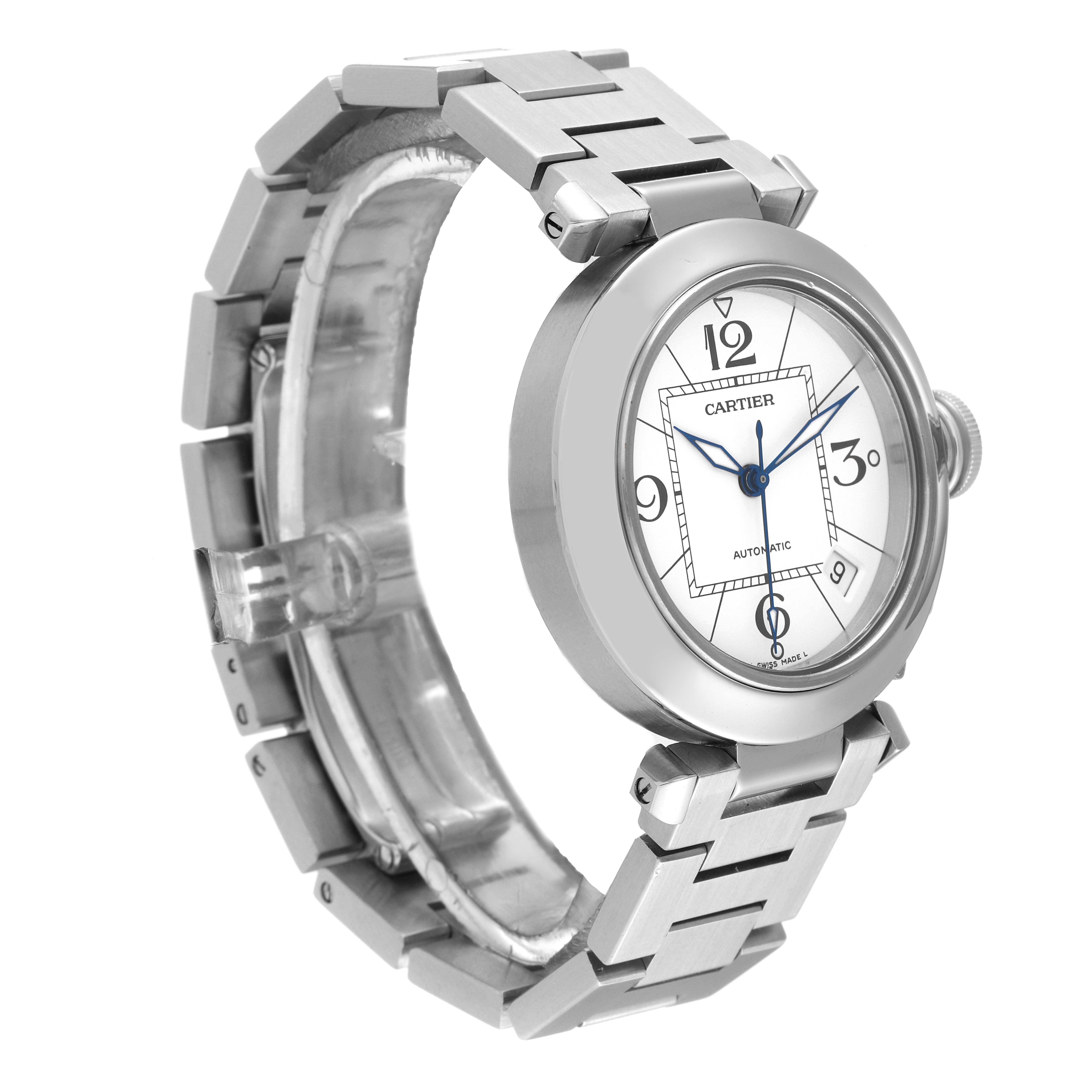 The image shows the front and side view of the Cartier Pasha W31074M7 Men's Stainless Steel White Dial W31074M7 Men's Stainless Steel White Dial watch, including its face, bezel, and metal bracelet.