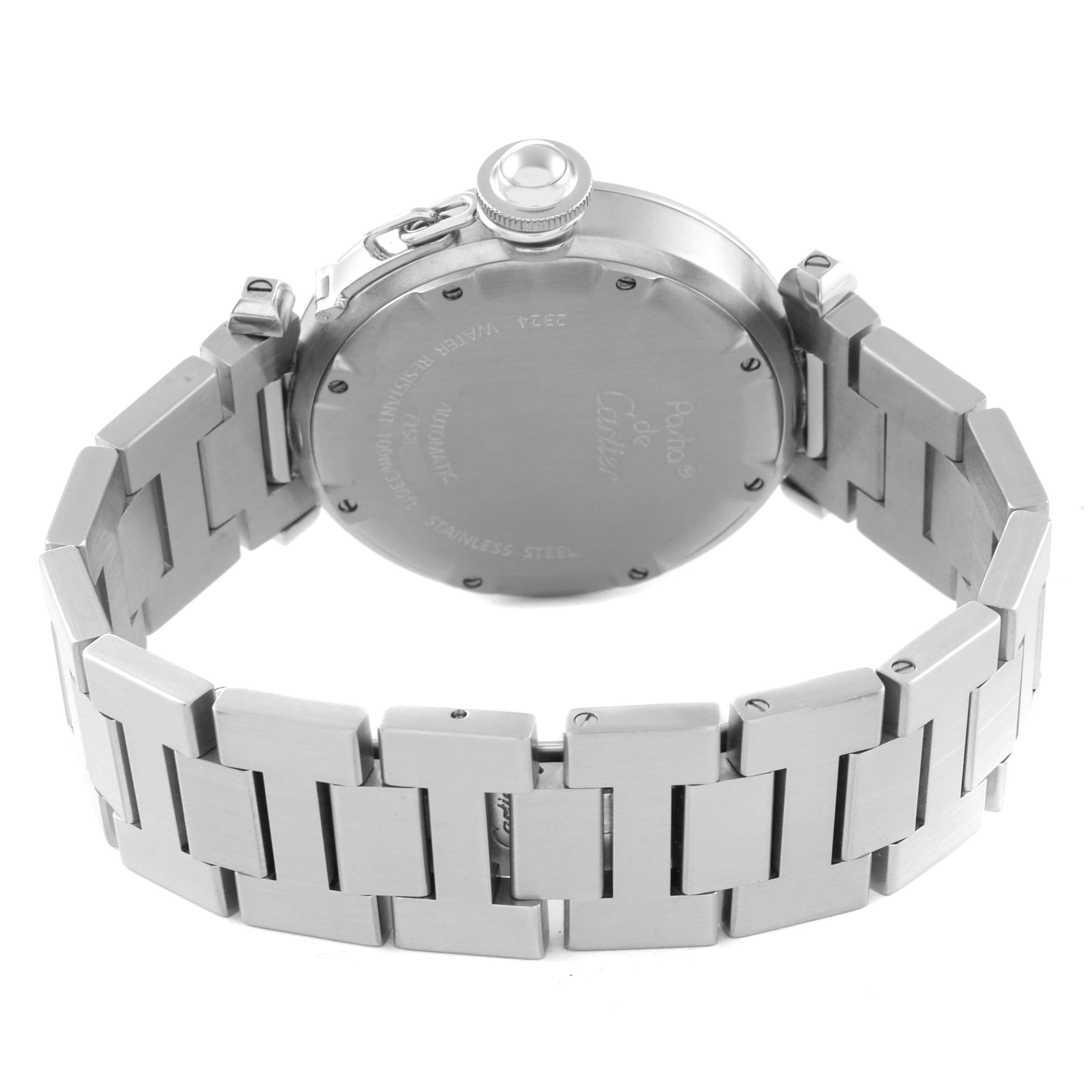 The image shows the backside and bracelet of a Cartier Pasha W31074M7 Men's Stainless Steel White Dial W31074M7 Men's Stainless Steel White Dial watch, highlighting the casing and links.