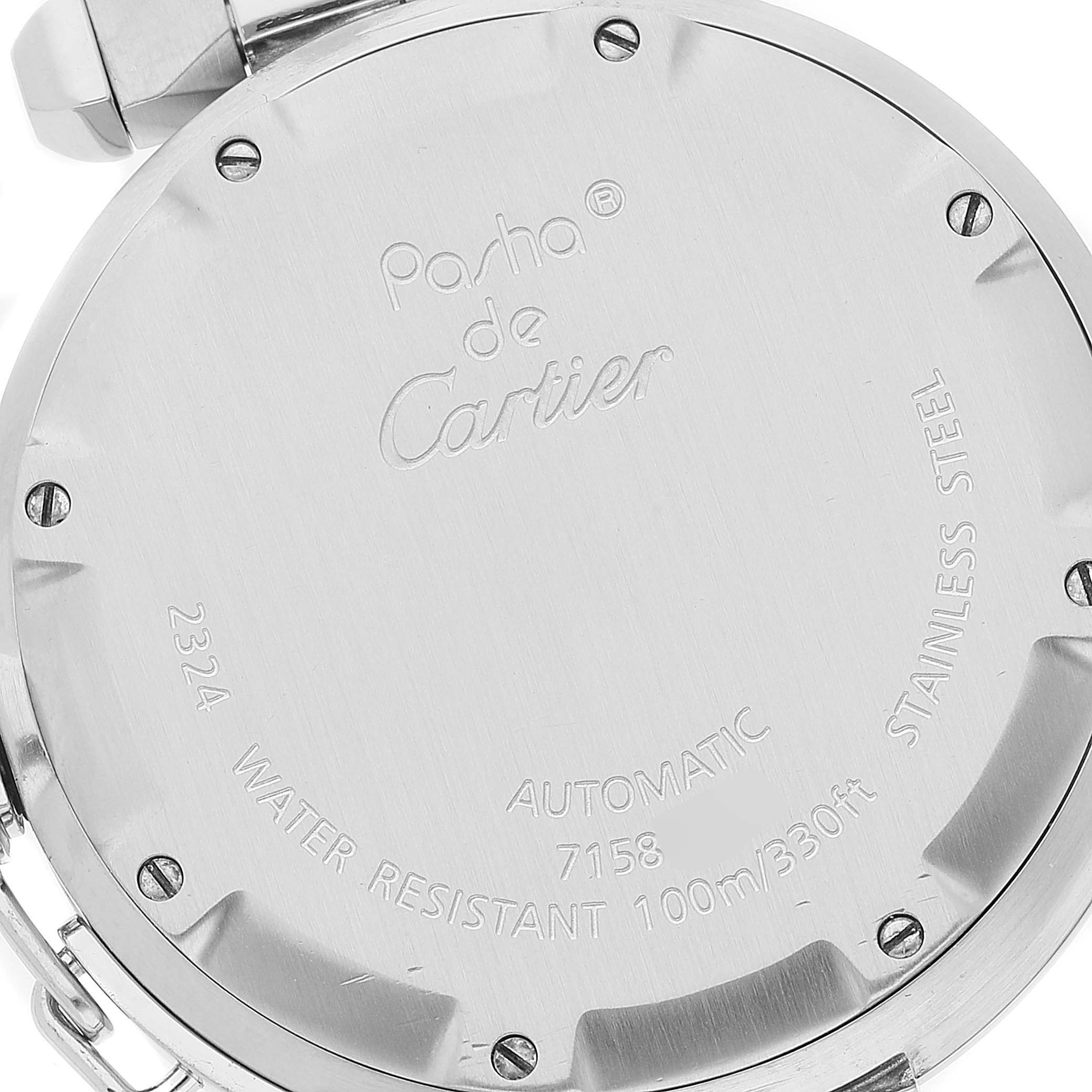 This image shows the back case of a Cartier Pasha W31074M7 Men's Stainless Steel White Dial W31074M7 Men's Stainless Steel White Dial watch, highlighting its engraving and watermark specifications.