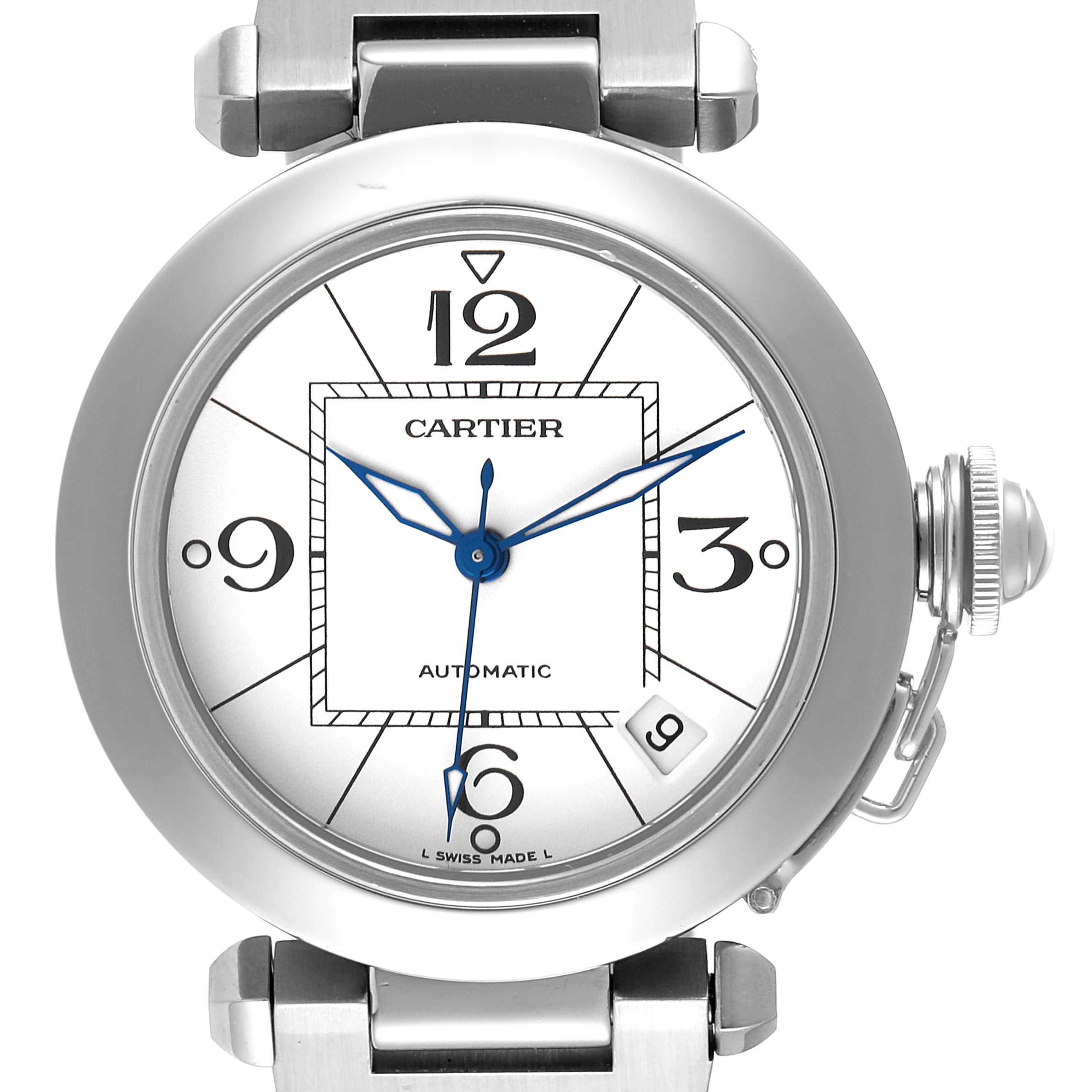 The image shows a front view of the Cartier Pasha W31074M7 Men's Stainless Steel White Dial W31074M7 Men's Stainless Steel White Dial watch, highlighting the dial, hands, case, and part of the bracelet.