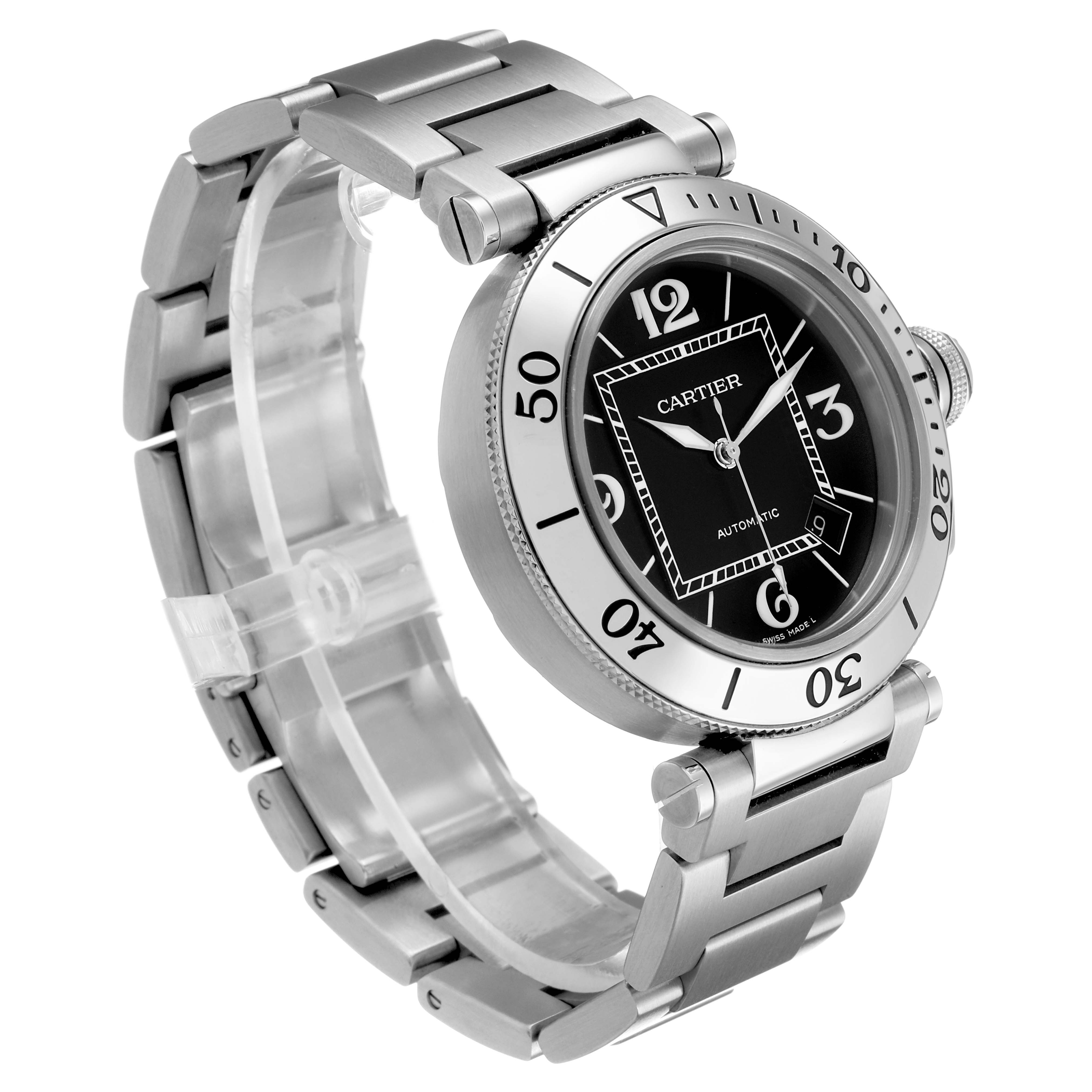 The Cartier Pasha W31080M7 Men's Stainless Steel Black Dial watch is shown at a three-quarter angle, highlighting the face, bezel, and metal bracelet.