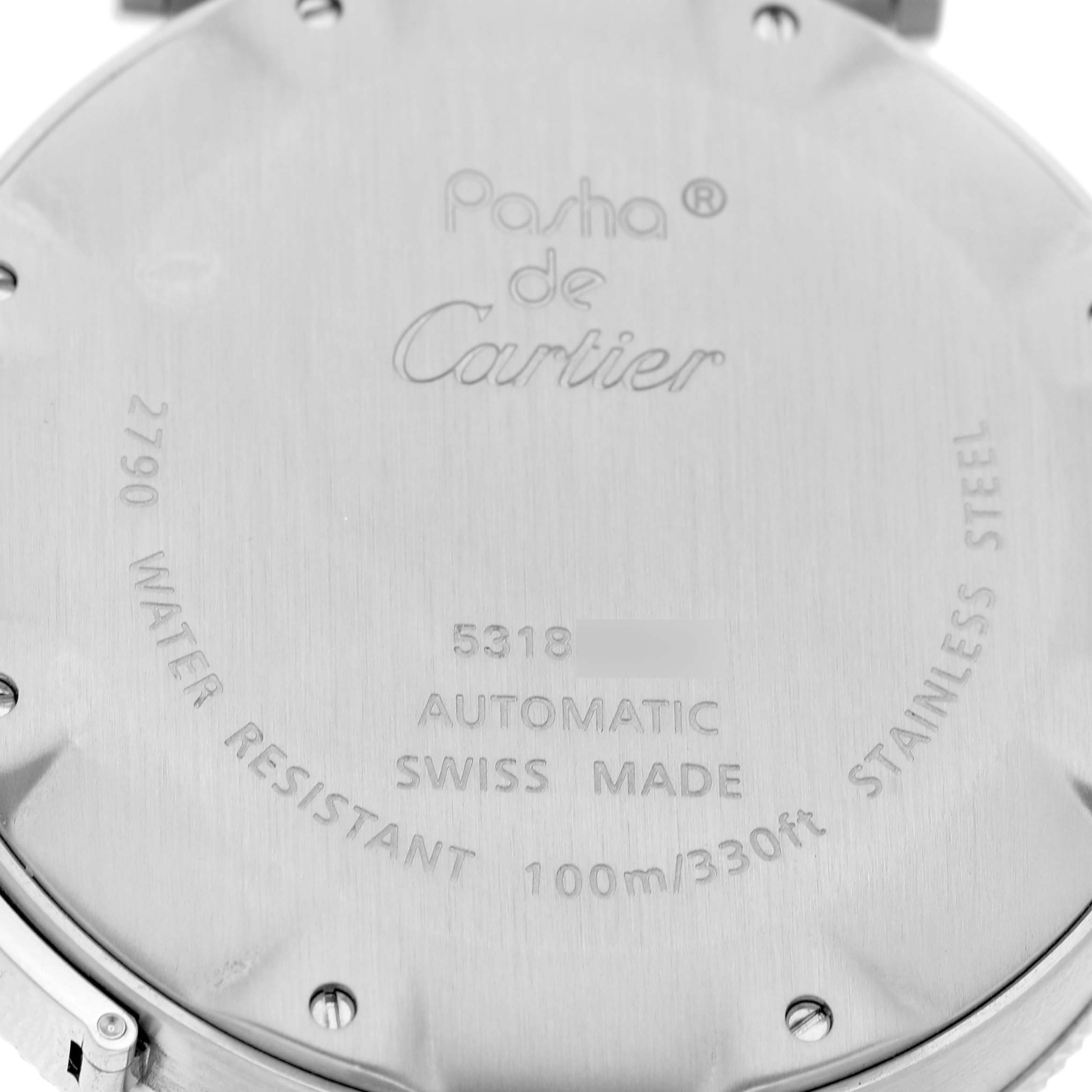 The image shows the back casing of a Cartier Pasha W31080M7 Men's Stainless Steel Black Dial watch, highlighting the model details and specifications.