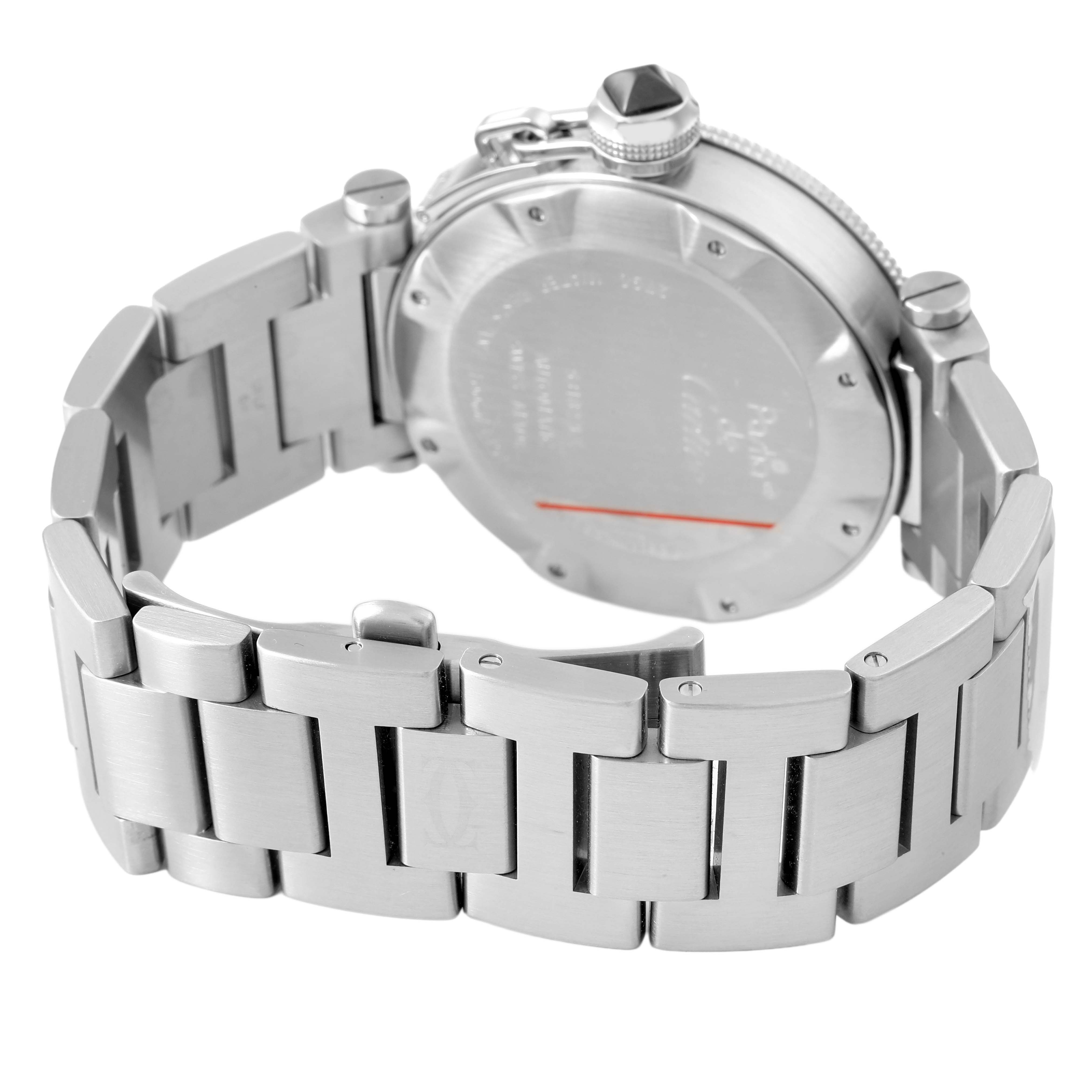 The image shows a rear angle of the Cartier Pasha W31080M7 Men's Stainless Steel Black Dial watch focusing on the bracelet, clasp, and case back.