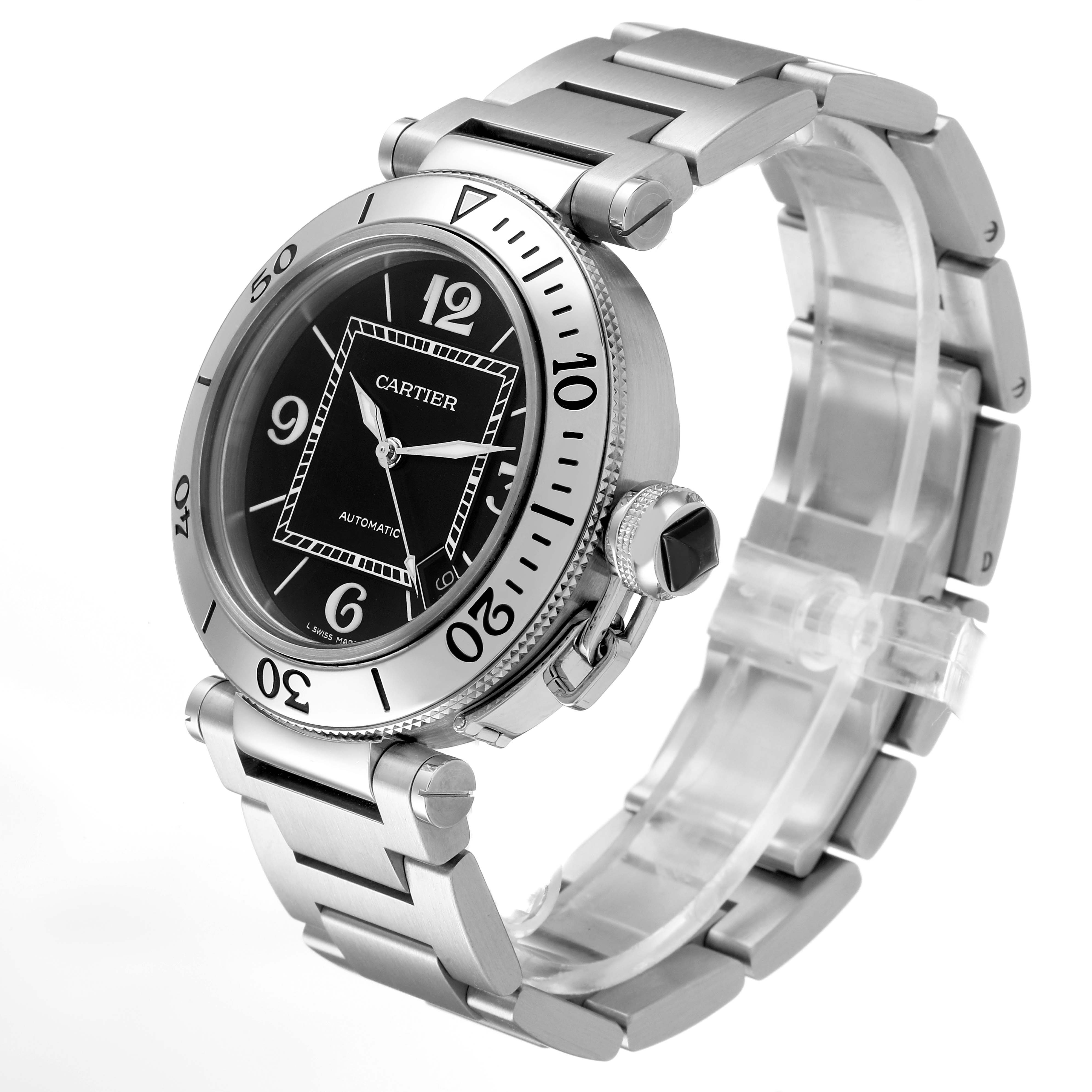 The Cartier Pasha W31080M7 Men's Stainless Steel Black Dial watch is shown at a three-quarter angle, highlighting the face, bezel, and metal bracelet.