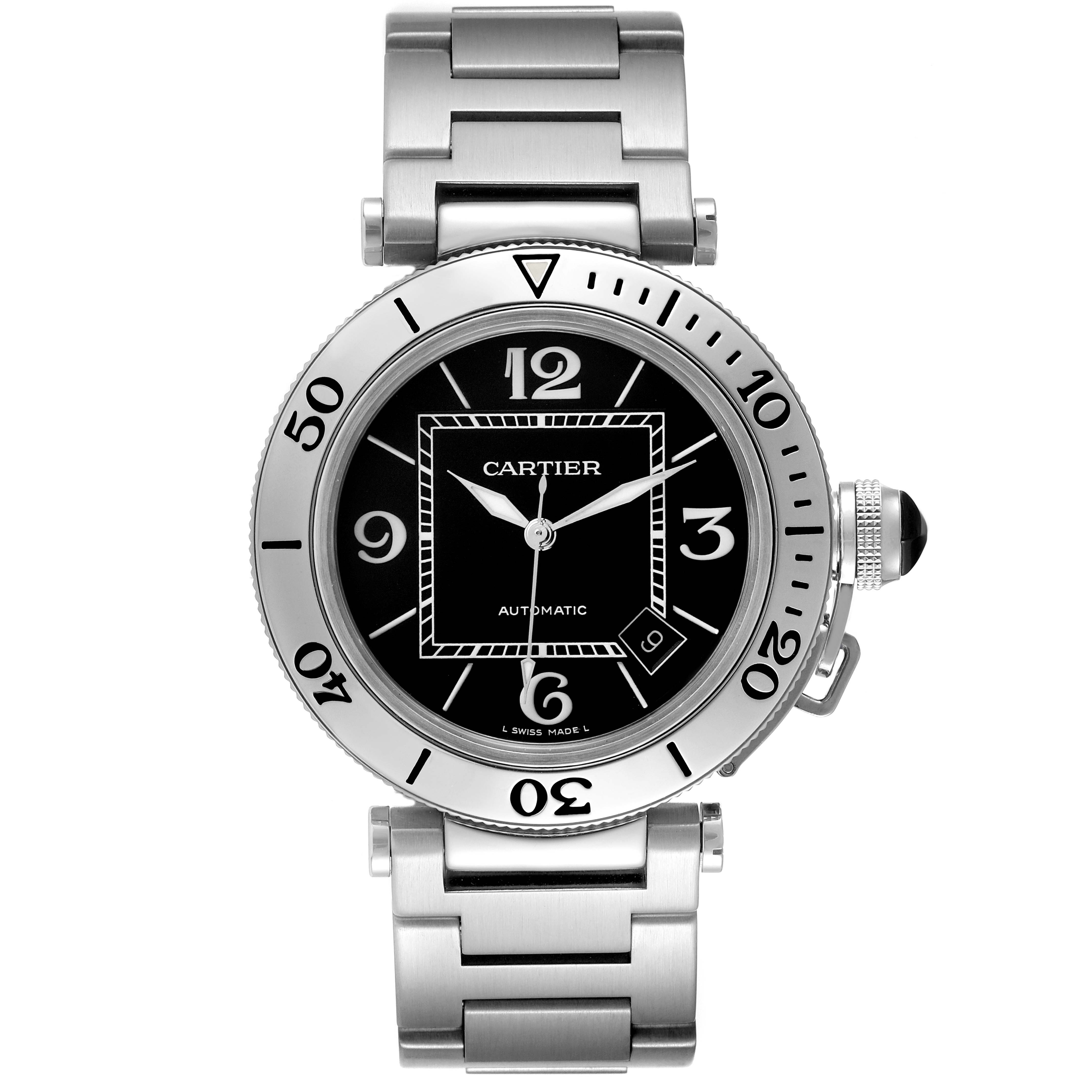 The Cartier Pasha W31080M7 Men's Stainless Steel Black Dial watch is shown from the front, displaying the dial, bezel, and part of the bracelet.