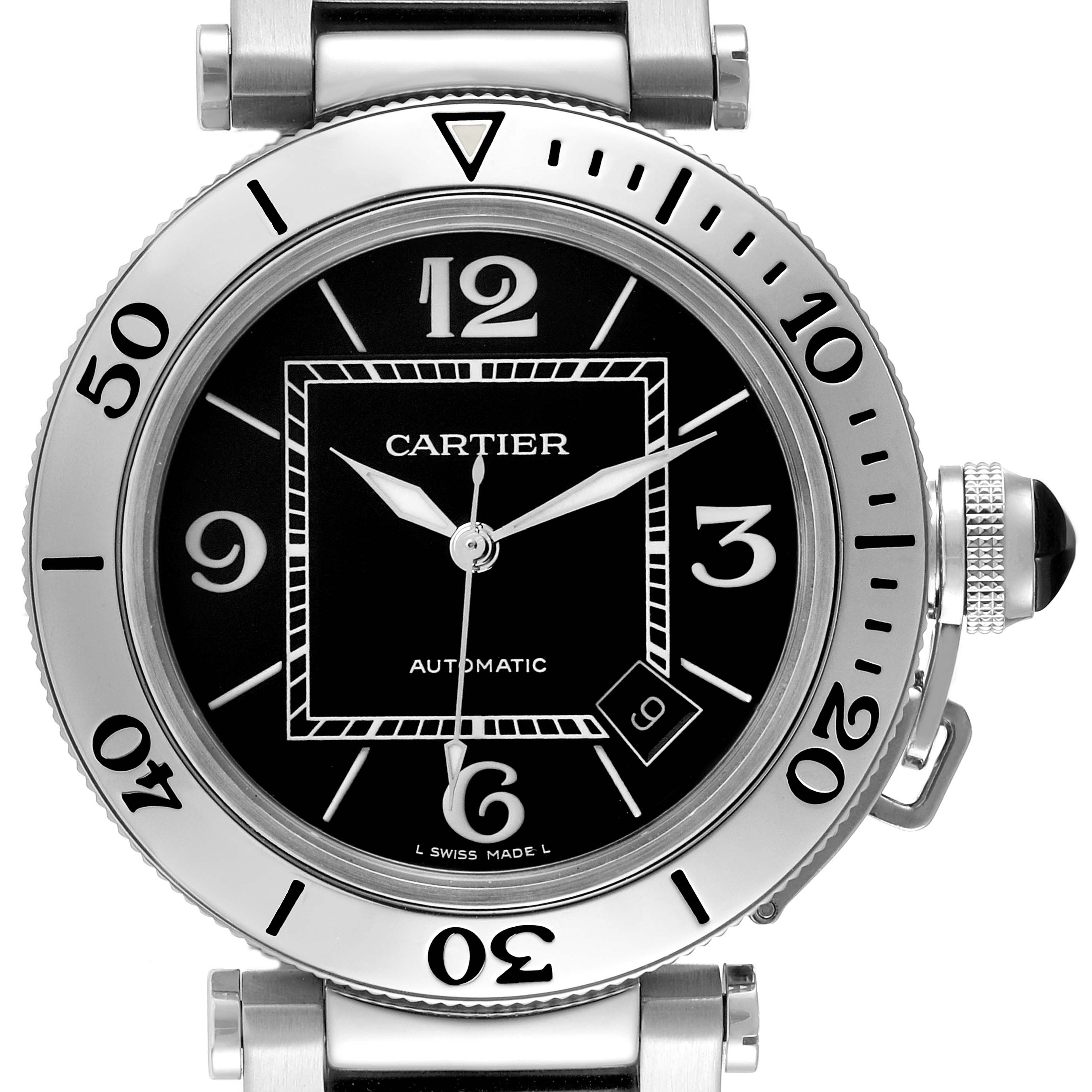 The Cartier Pasha W31080M7 Men's Stainless Steel Black Dial watch is shown from a front angle, highlighting the dial, bezel, and crown.