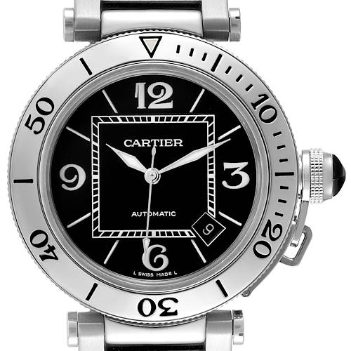 The image shows a Cartier Pasha W31080M7 Men's Stainless Steel Black Dial watch front-on, highlighting the dial, bezel, and crown.