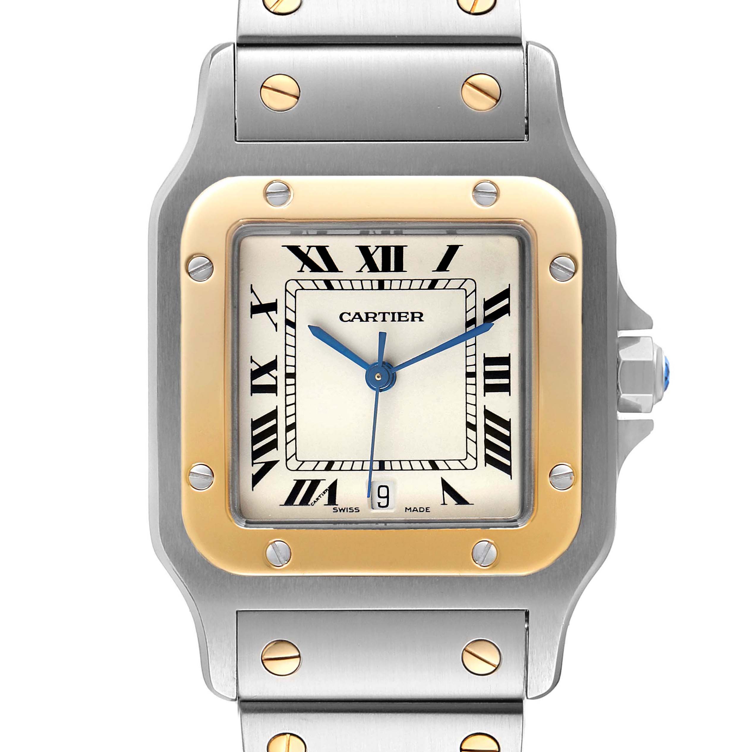 The image shows a frontal view of the Cartier Santos 1566 Men
s Steel and Gold (two tone) Silver Dial 1566 Men
s Steel and Gold (two tone) Silver Dial watch, highlighting its square dial, Roman numerals, and attached bracelet.