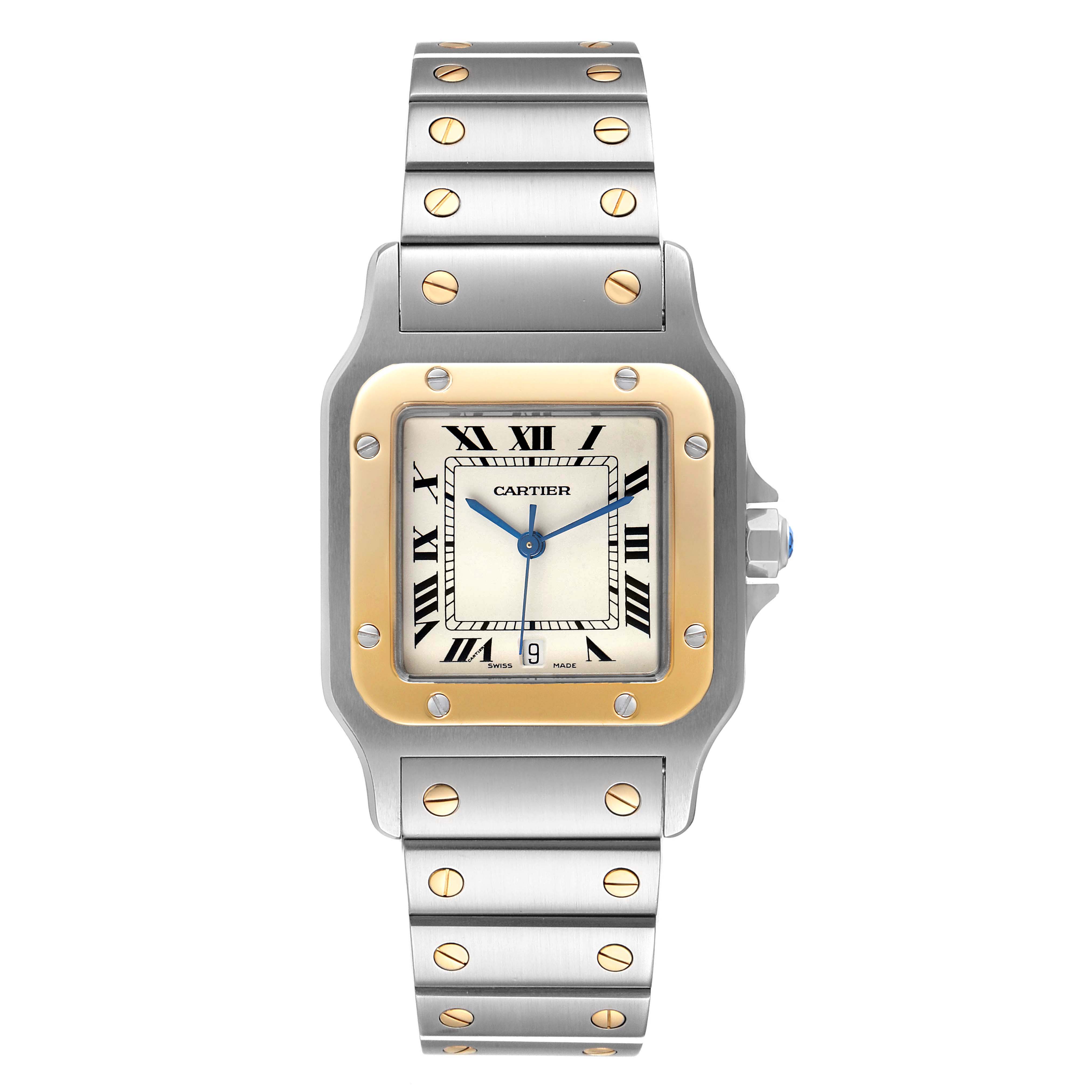 The image shows a front view of a Cartier Santos 1566 Men
s Steel and Gold (two tone) Silver Dial 1566 Men
s Steel and Gold (two tone) Silver Dial watch, including the dial, bezel, and part of the bracelet.