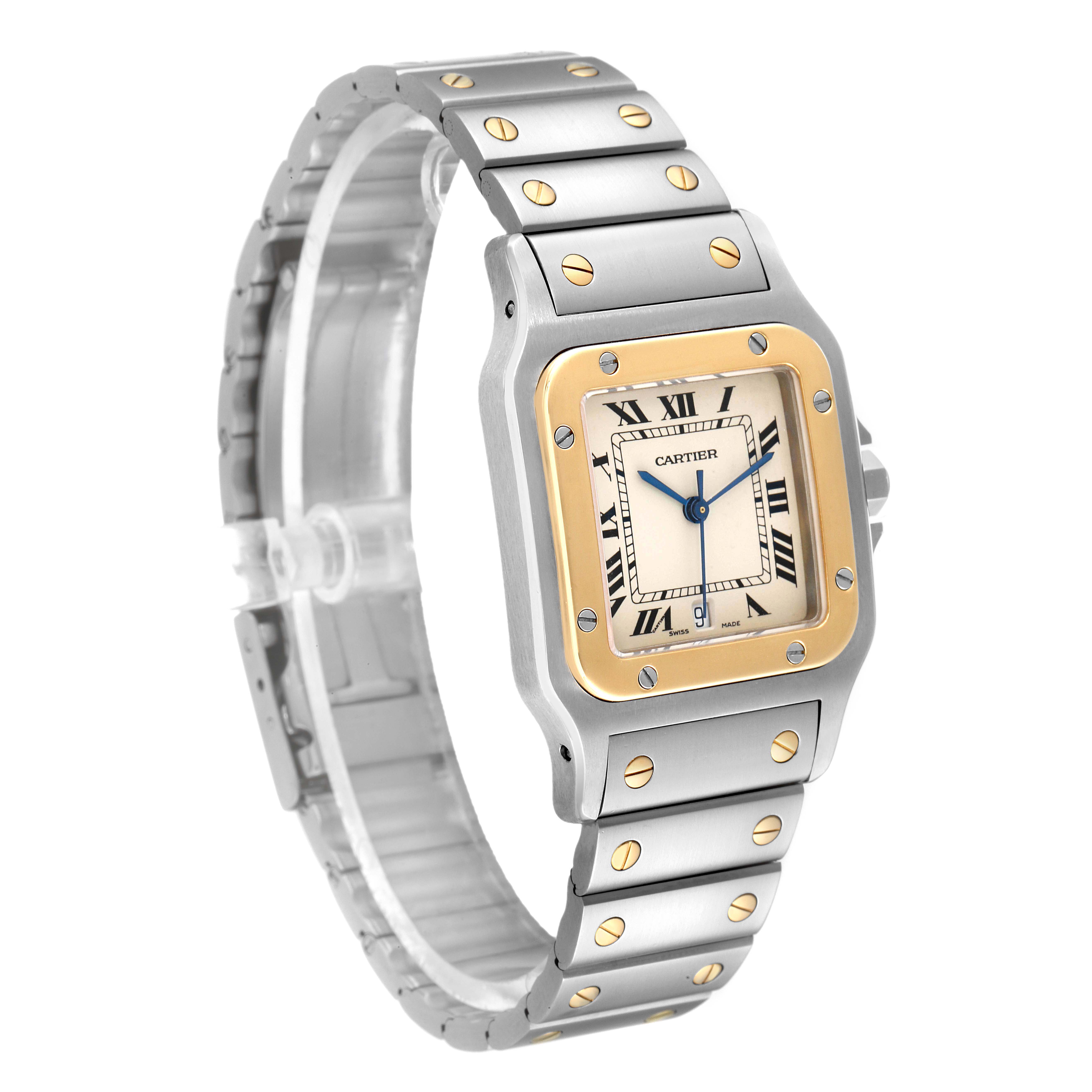 The Cartier Santos 1566 Men
s Steel and Gold (two tone) Silver Dial 1566 Men
s Steel and Gold (two tone) Silver Dial watch is shown at a slight angle displaying the face, bezel, and part of the bracelet with distinctive gold screws.