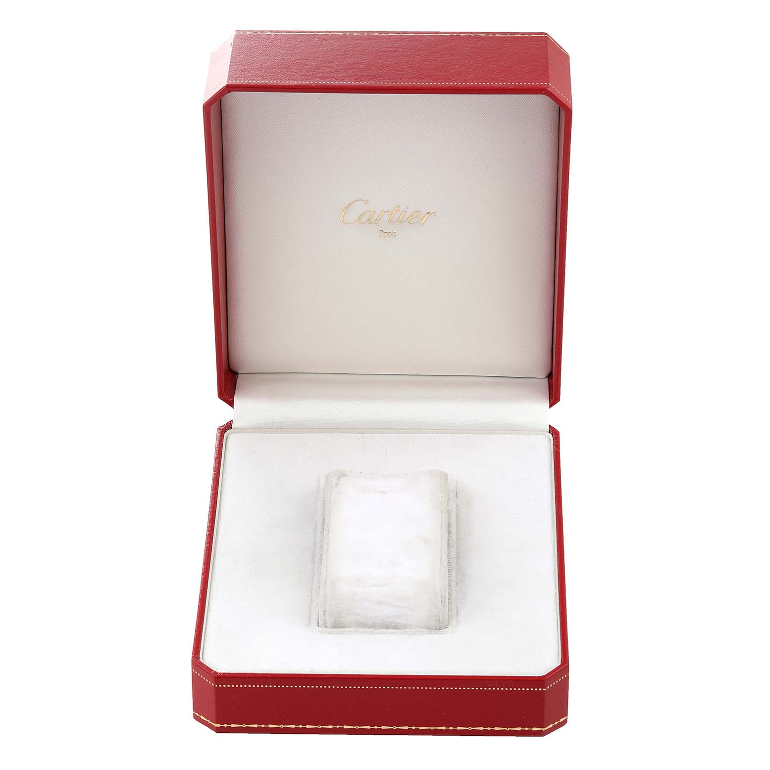 This image shows an open Cartier Santos 1566 Men
s Steel and Gold (two tone) Silver Dial 1566 Men
s Steel and Gold (two tone) Silver Dial watch box, revealing its interior with a cushioned centerpiece.