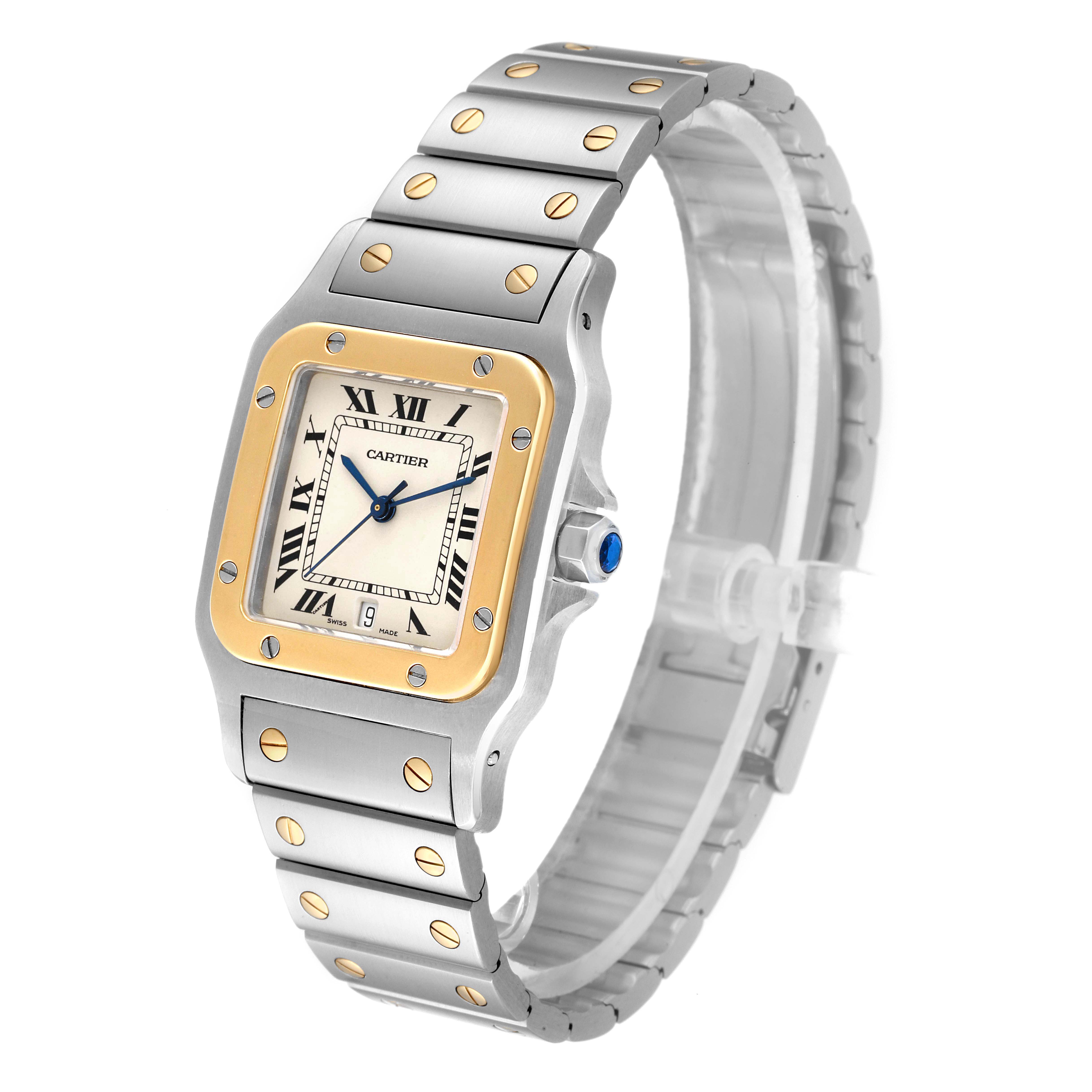 This image shows a side profile of the Cartier Santos 1566 Men
s Steel and Gold (two tone) Silver Dial 1566 Men
s Steel and Gold (two tone) Silver Dial watch featuring its two-tone metal bracelet, square dial, and blue gemstone crown.