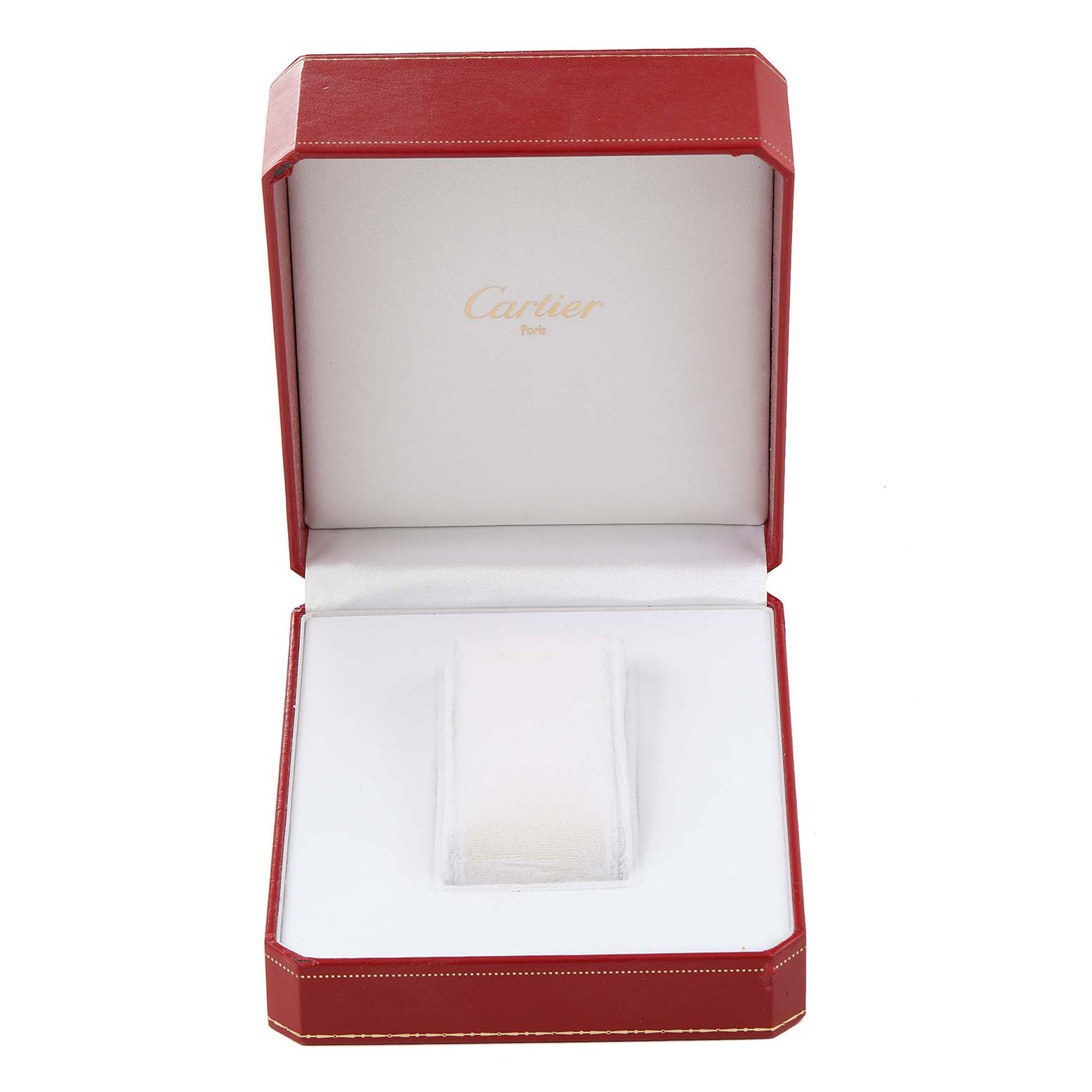 This is an open red and white Cartier box, likely designed for the Santos model watch, showing the Cartier logo inside.