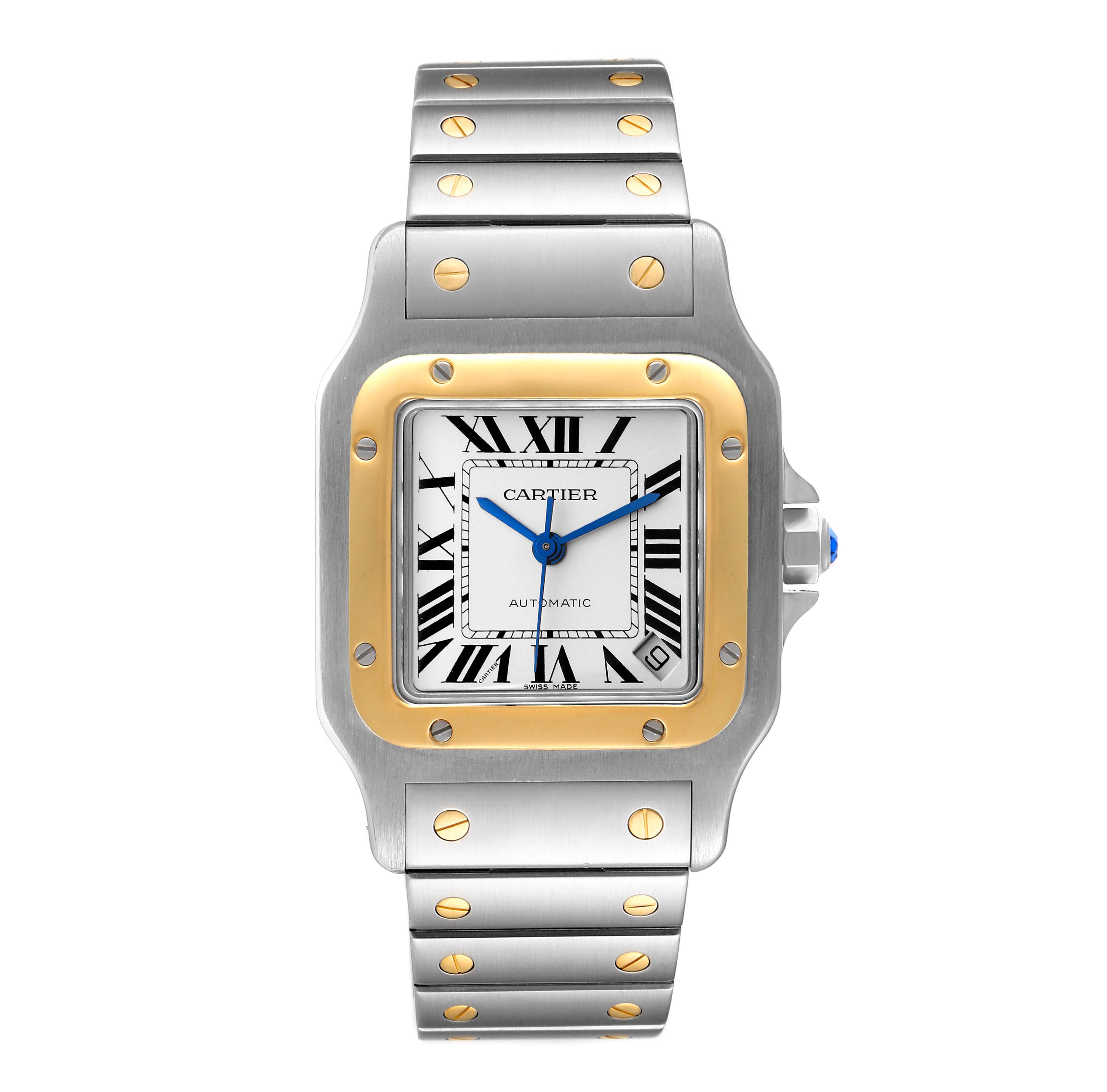 This image shows a front view of a Cartier Santos W20099C4 Women's Steel and Gold (two tone) Silver Dial W20099C4 Women's Steel and Gold (two tone) Silver Dial watch, highlighting its bezel, dial, and bracelet.