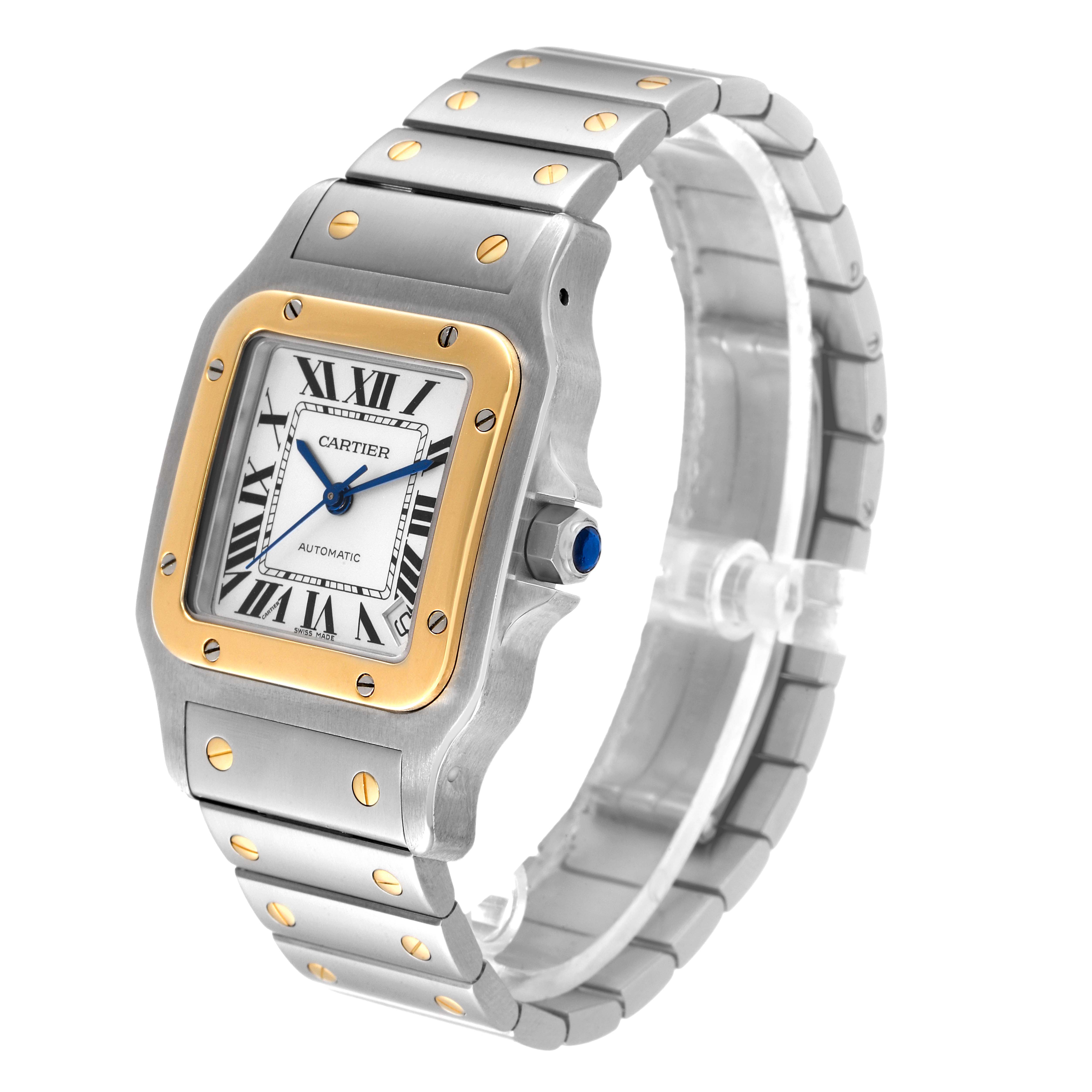 The image shows a Cartier Santos W20099C4 Women's Steel and Gold (two tone) Silver Dial W20099C4 Women's Steel and Gold (two tone) Silver Dial model watch at a three-quarter angle highlighting its face, bezel, crown, and bracelet.