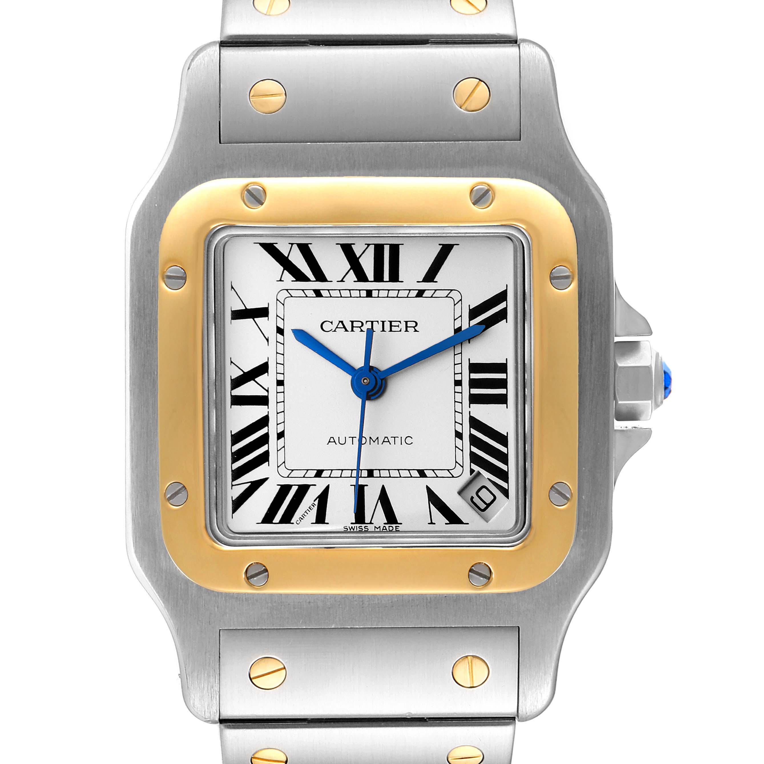 The image shows a close-up front view of the Cartier Santos W20099C4 Women's Steel and Gold (two tone) Silver Dial W20099C4 Women's Steel and Gold (two tone) Silver Dial watch, highlighting the dial, bezel, crown, and part of the bracelet.
