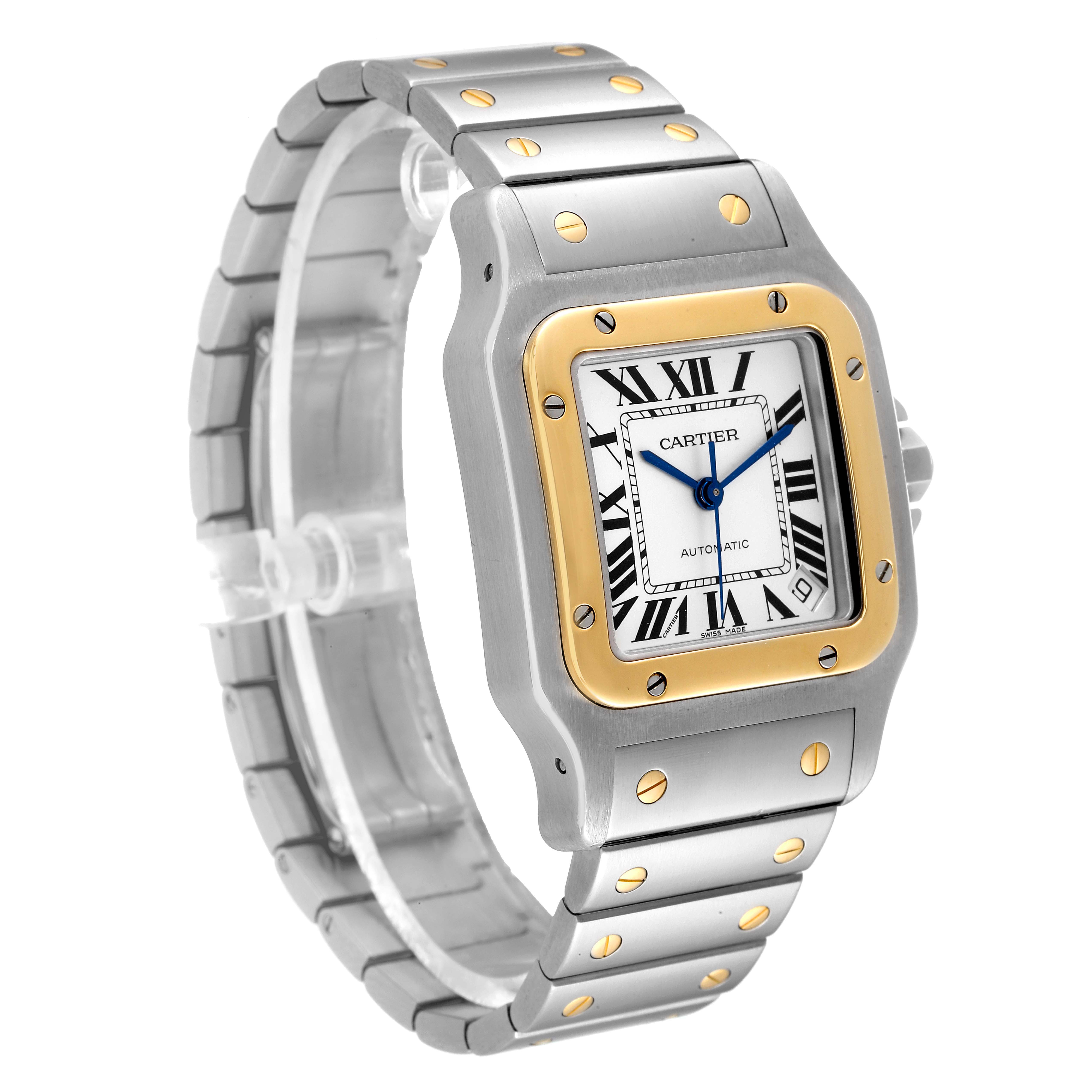 The image shows a Santos model watch by Cartier, viewed from an angle highlighting the face, bezel, and bracelet.