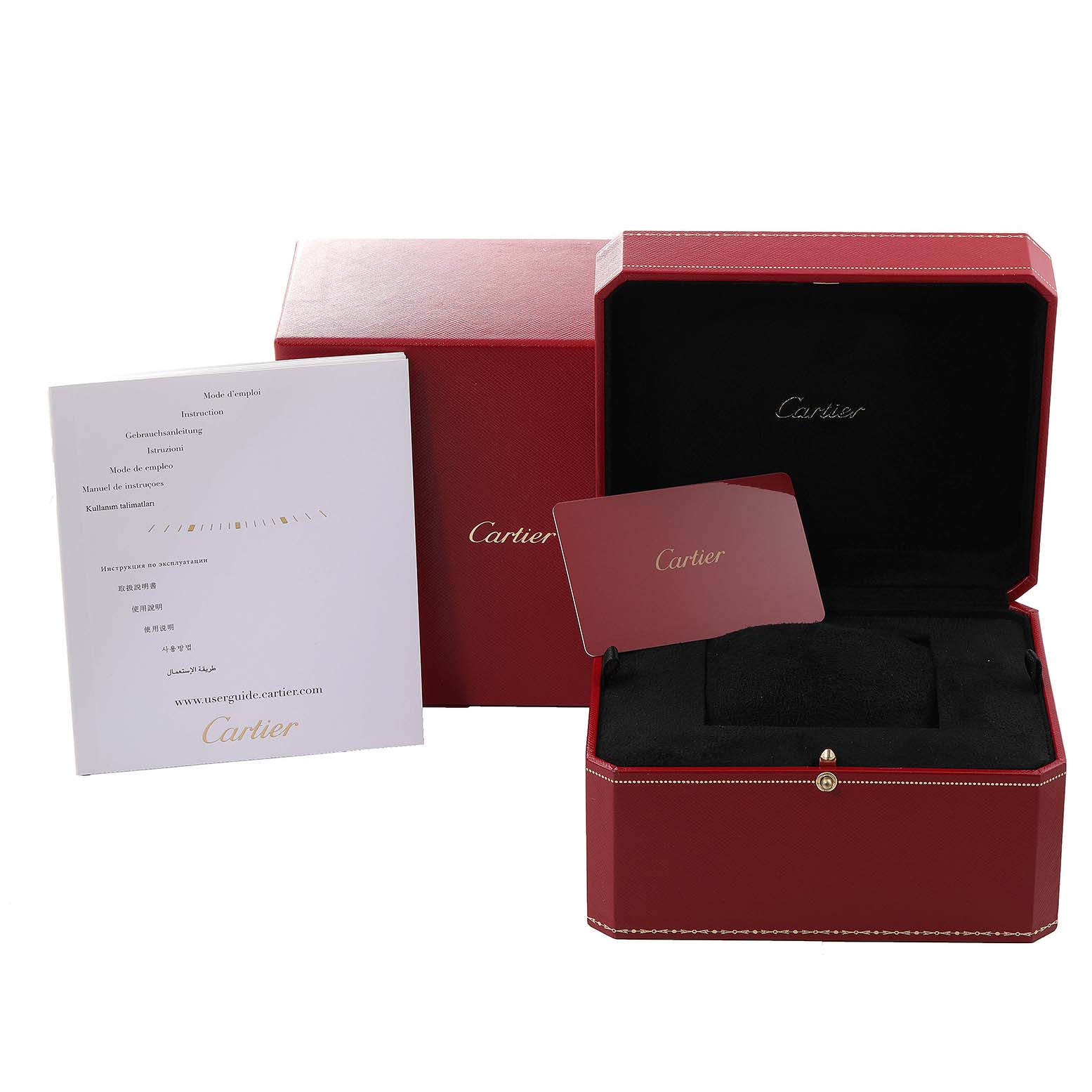 The image shows the packaging, manual, and card for the Santos model by Cartier, with the box open and displaying a padded interior.