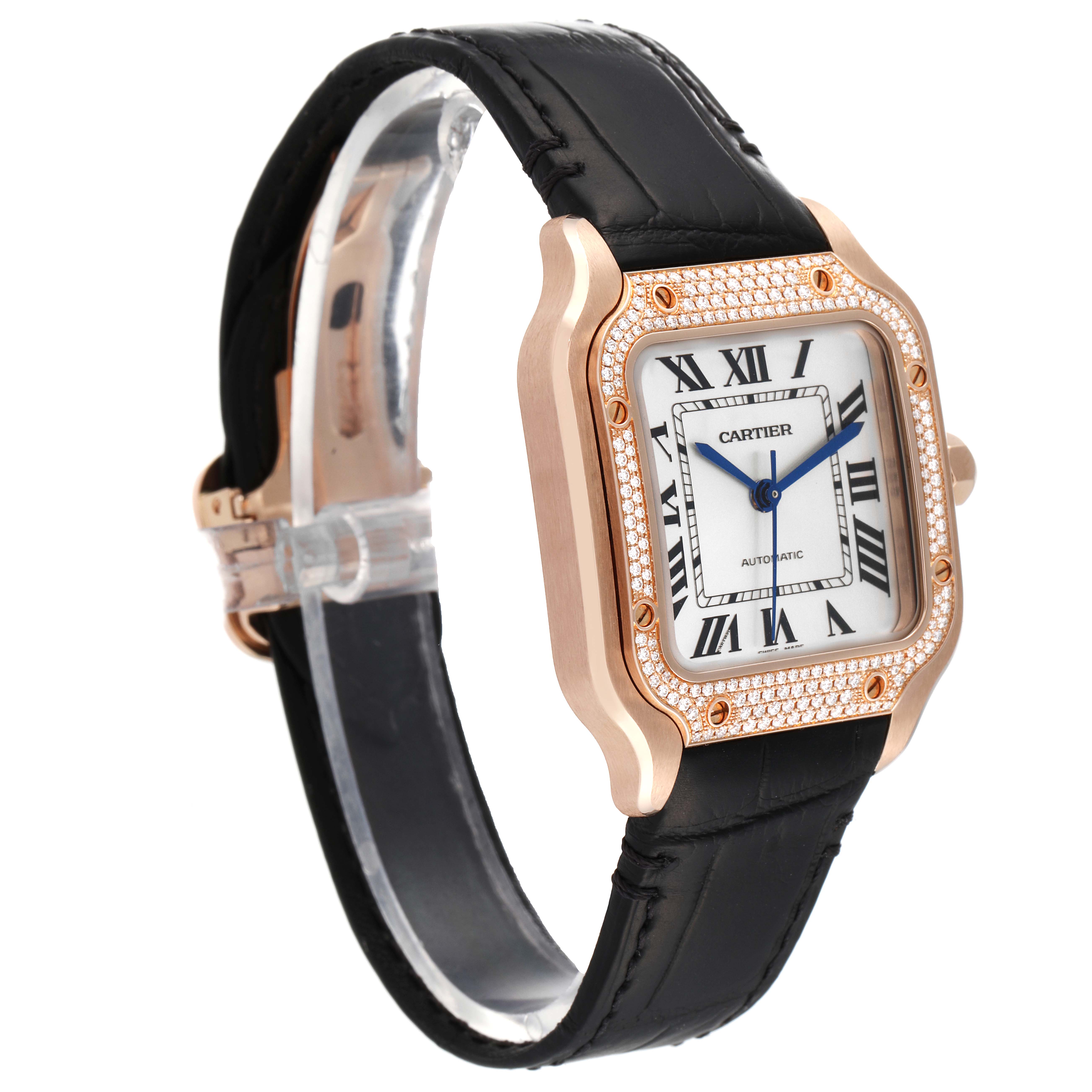 The Cartier Santos WJSA0007 Men
s Rose Gold Silver Dial WJSA0007 Men
s Rose Gold Silver Dial watch is shown at an angled side view, highlighting the face, bezel, and black strap.