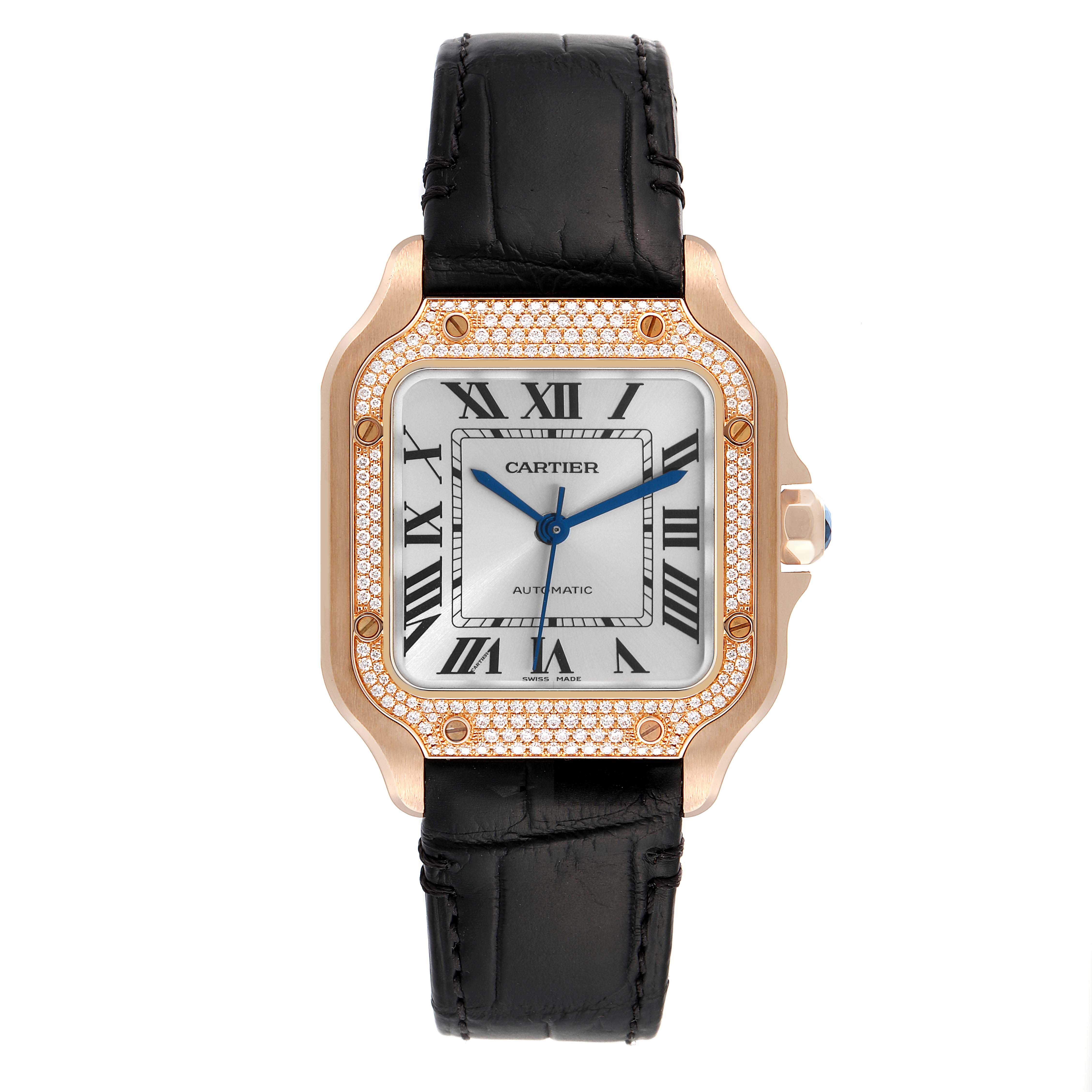 This image shows a Cartier Santos WJSA0007 Men
s Rose Gold Silver Dial WJSA0007 Men
s Rose Gold Silver Dial watch from a straight-on angle, displaying its face, bezel, and black leather strap.