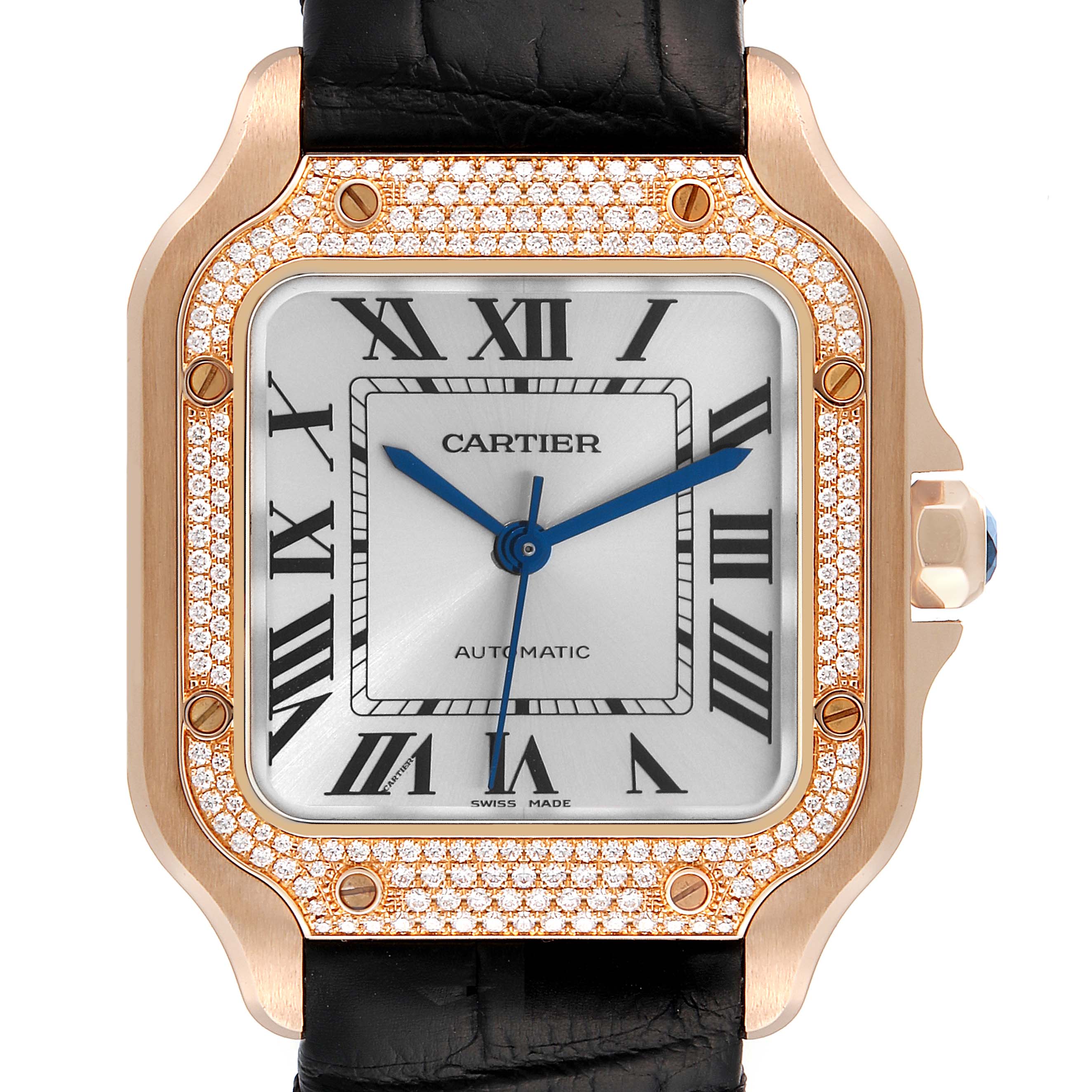 The Cartier Santos WJSA0007 Men
s Rose Gold Silver Dial WJSA0007 Men
s Rose Gold Silver Dial watch is shown from the front, highlighting its square face, blue hands, Roman numerals, and diamond-studded bezel.