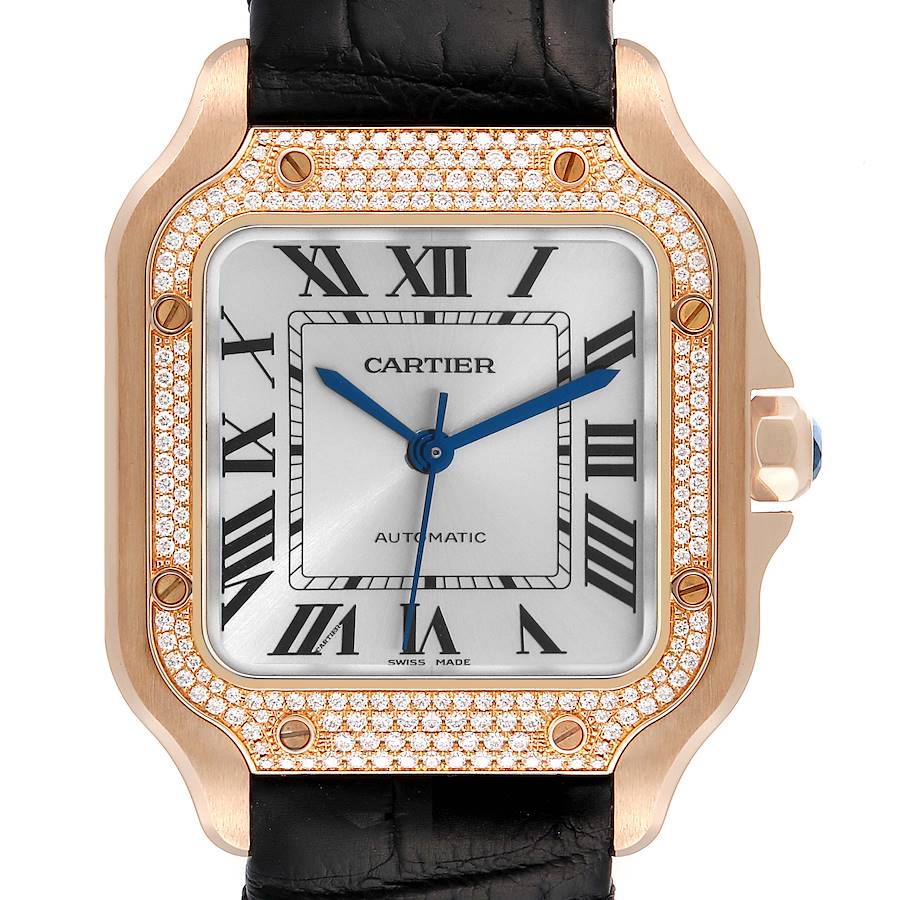 Cartier Santos Midsize Rose Gold Diamond Mens Watch WJSA0007 Box Card SwissWatchExpo