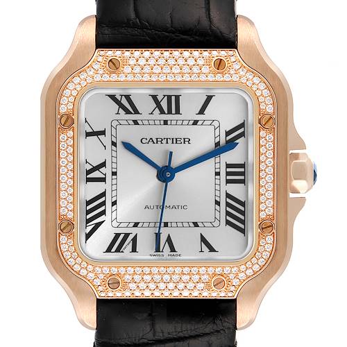 Photo of Cartier Santos Midsize Rose Gold Diamond Mens Watch WJSA0007 Box Card