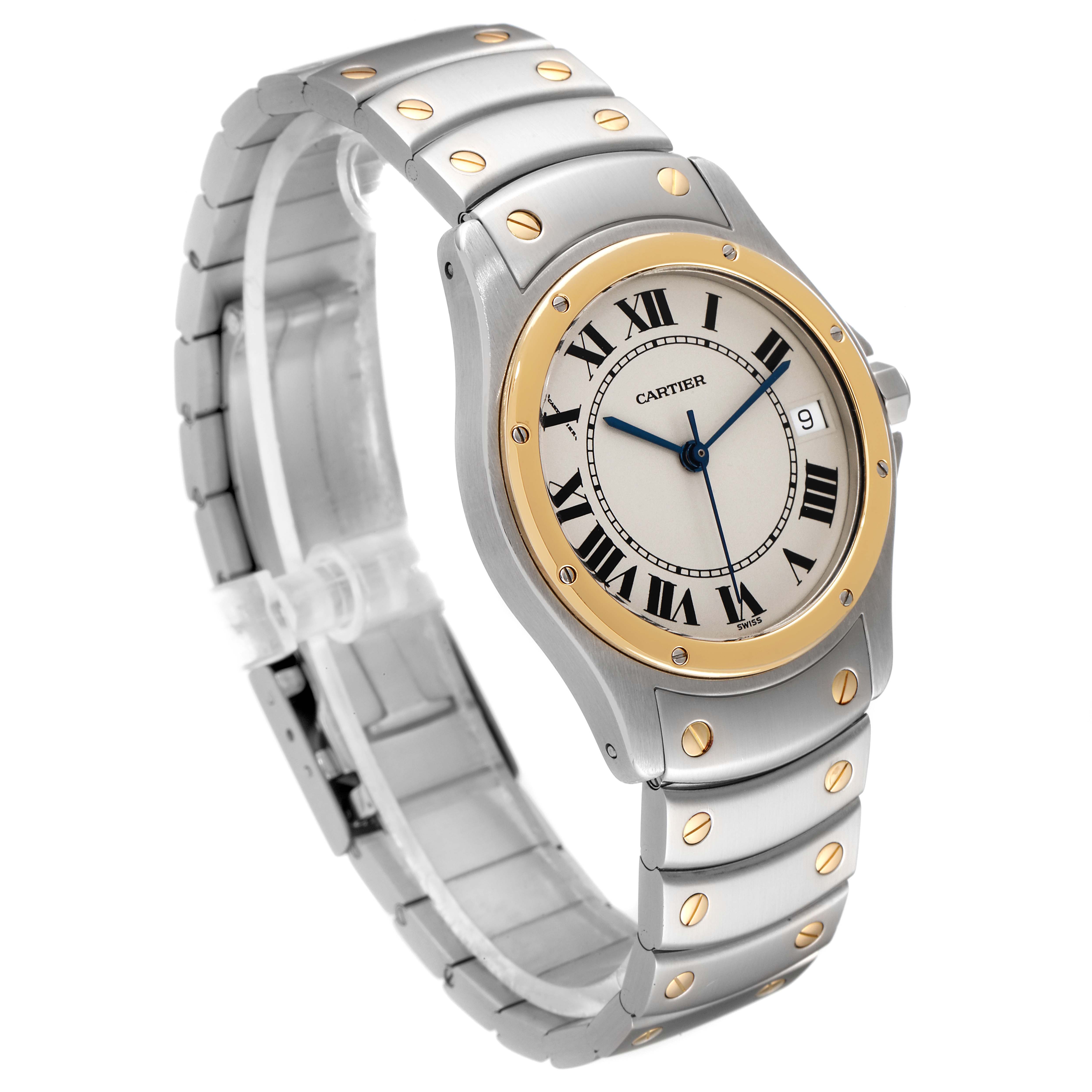 The image shows a Cartier Ronde W20028G1 Men
s Steel and Gold (two tone) Silver Dial W20028G1 Men
s Steel and Gold (two tone) Silver Dial watch from an angled view, highlighting its dial, bracelet, and gold accents.
