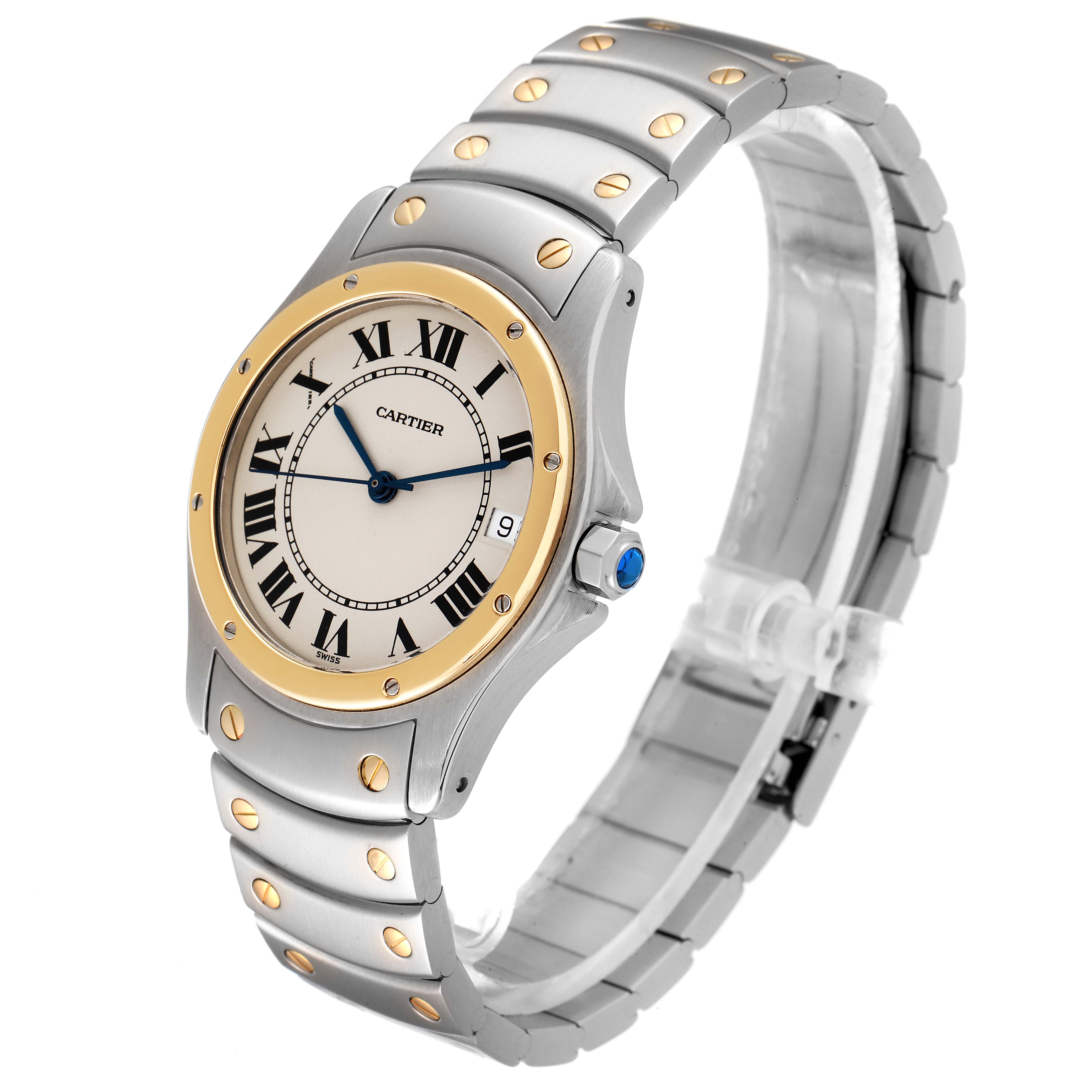 The Ronde model by Cartier is shown at an angle displaying the face, crown, and metal bracelet.
