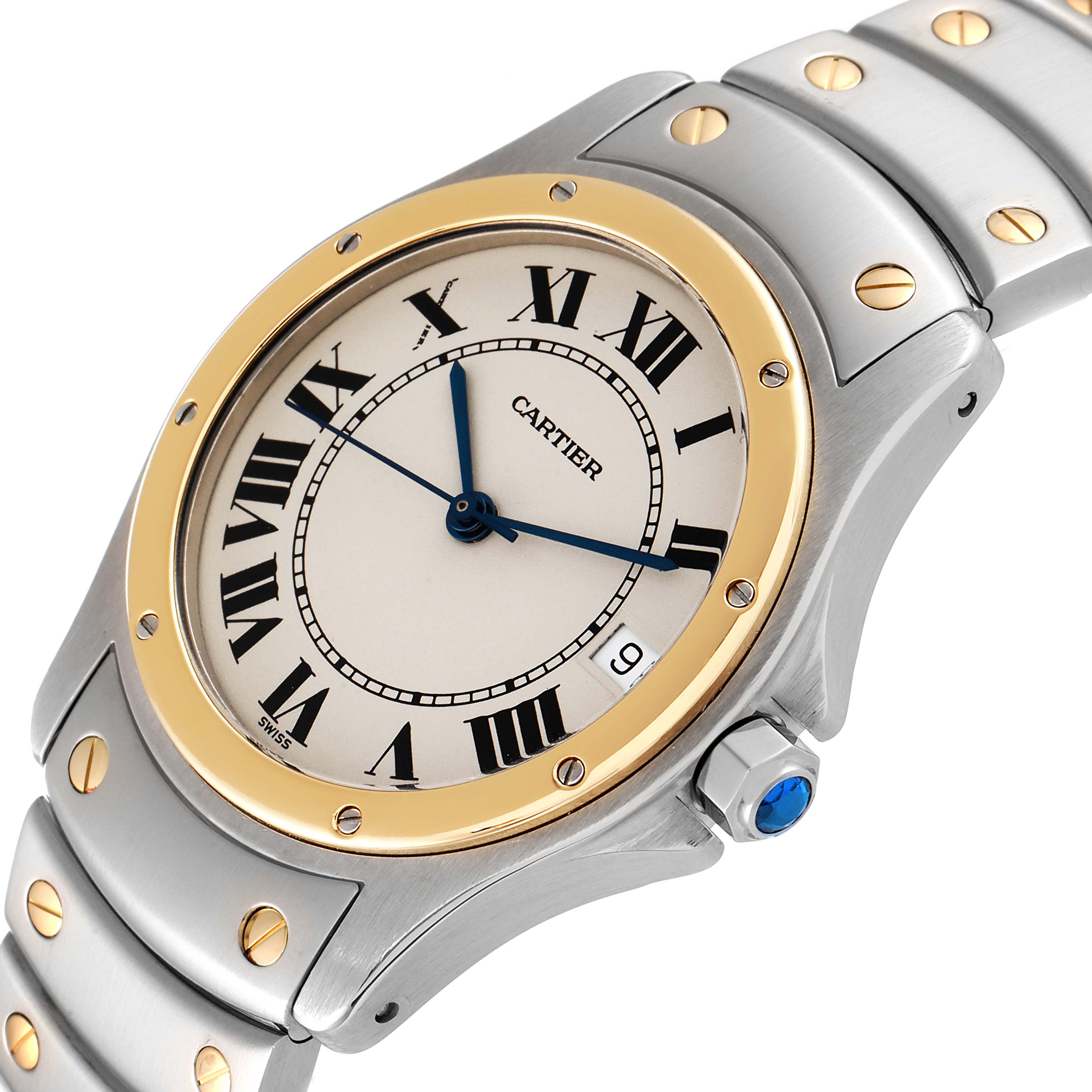 The image shows a Cartier Ronde W20028G1 Men
s Steel and Gold (two tone) Silver Dial W20028G1 Men
s Steel and Gold (two tone) Silver Dial model watch from an oblique angle, highlighting the face, bezel, and part of the bracelet.