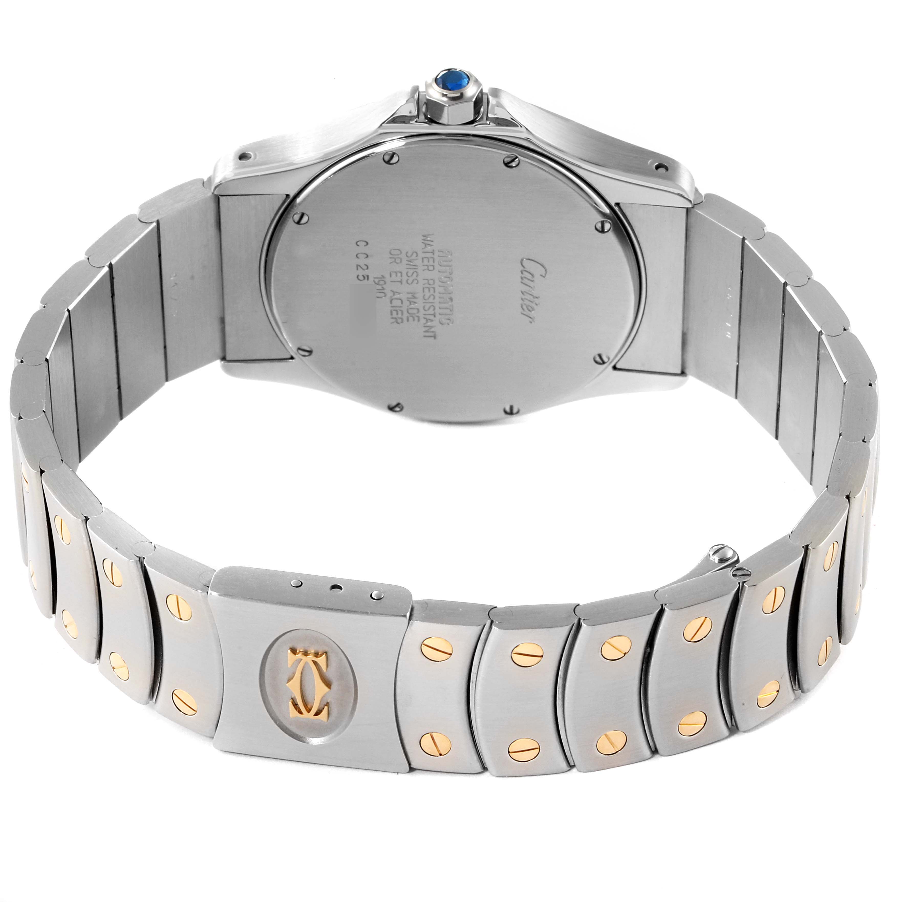 This image shows the back of the Cartier Ronde W20028G1 Men
s Steel and Gold (two tone) Silver Dial W20028G1 Men
s Steel and Gold (two tone) Silver Dial watch, including the case back and part of the metal bracelet.