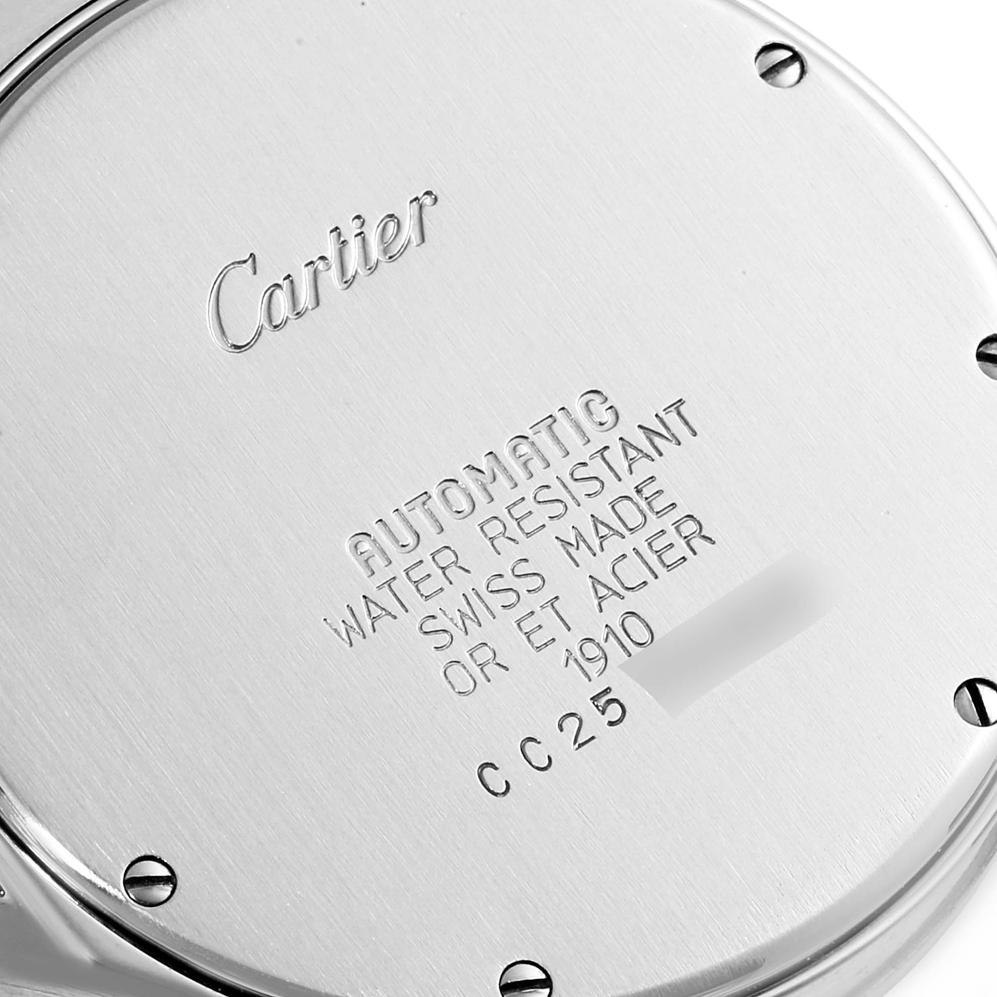 This image shows the back case of a Cartier Ronde W20028G1 Men
s Steel and Gold (two tone) Silver Dial W20028G1 Men
s Steel and Gold (two tone) Silver Dial watch, highlighting its branding, specifications, and screws.
