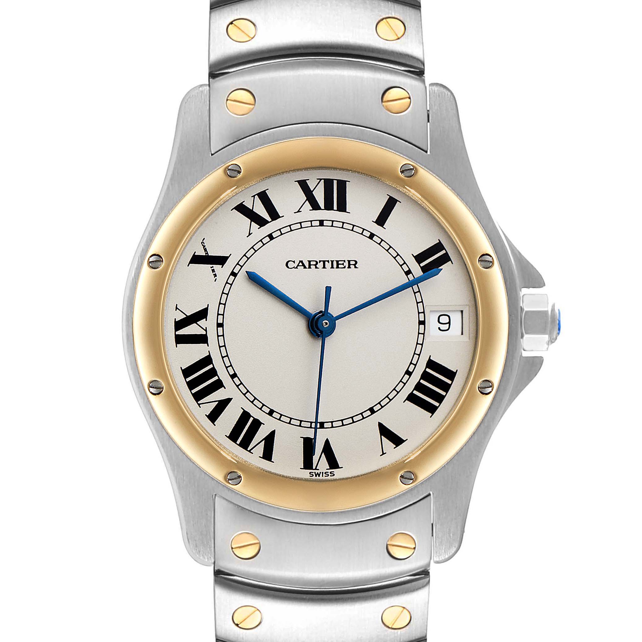 A front view of the Cartier Ronde W20028G1 Men
s Steel and Gold (two tone) Silver Dial W20028G1 Men
s Steel and Gold (two tone) Silver Dial watch showing the face, bezel, crown, and part of the band.