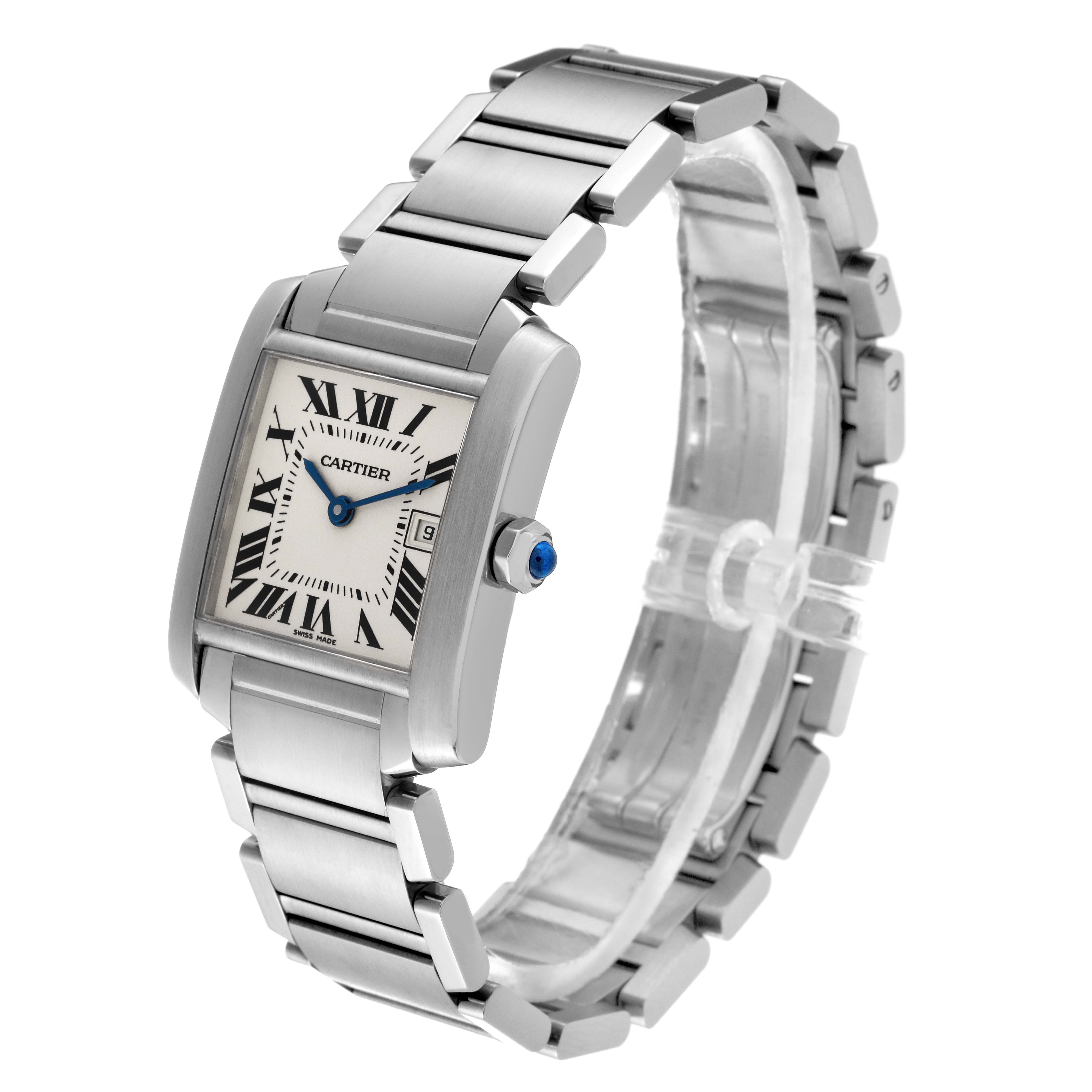 The Cartier Tank Francaise W51011Q3 Women
s Stainless Steel Silver Dial W51011Q3 Women
s Stainless Steel Silver Dial watch is shown at a slight angle, featuring its silver bracelet, rectangular case, and Roman numeral dial.