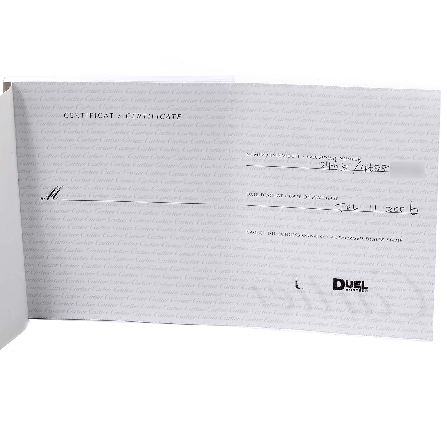 The image shows the Best Quality
ity certificate for a Cartier Tank Française watch.