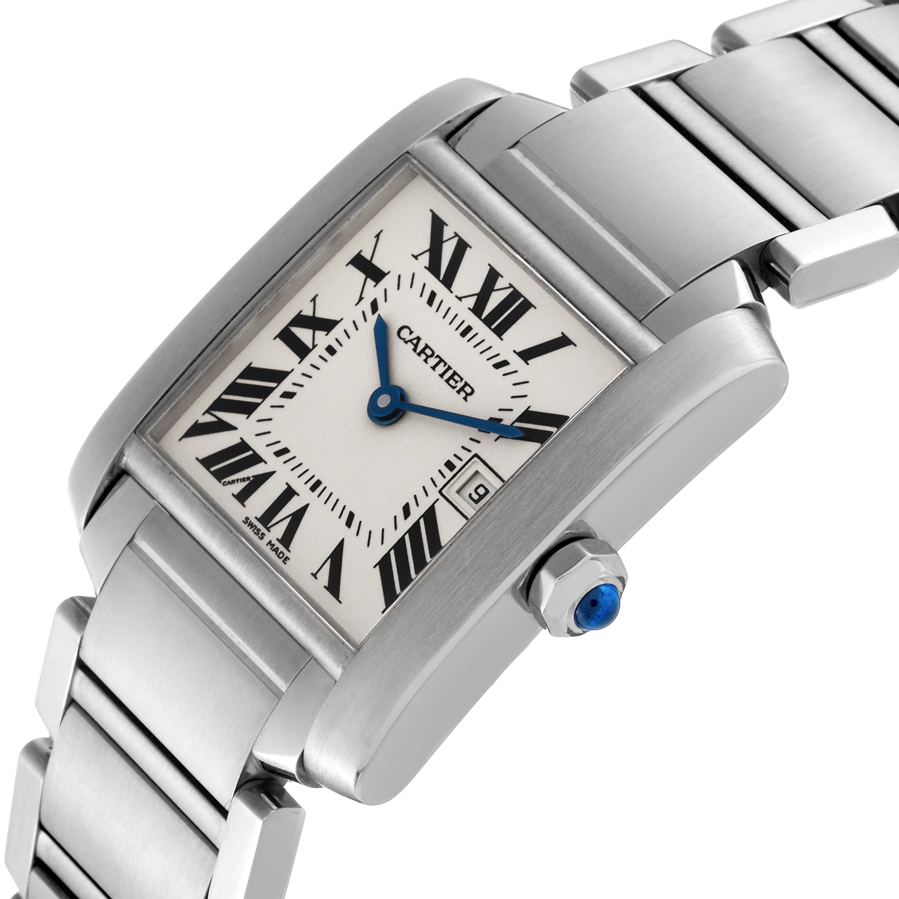 The Cartier Tank Francaise W51011Q3 Women
s Stainless Steel Silver Dial W51011Q3 Women
s Stainless Steel Silver Dial watch is shown at an angled side view, highlighting its face, bracelet, and crown with a blue gemstone.