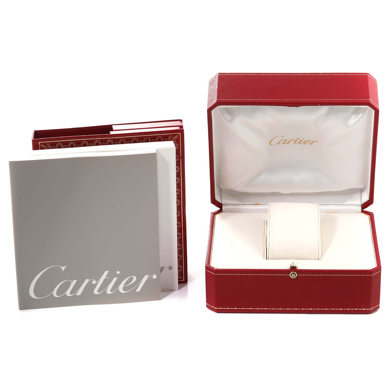 The image shows an open Cartier Tank Francaise W51011Q3 Women
s Stainless Steel Silver Dial W51011Q3 Women
s Stainless Steel Silver Dial watch box and accompanying booklet, both branded with "Cartier."